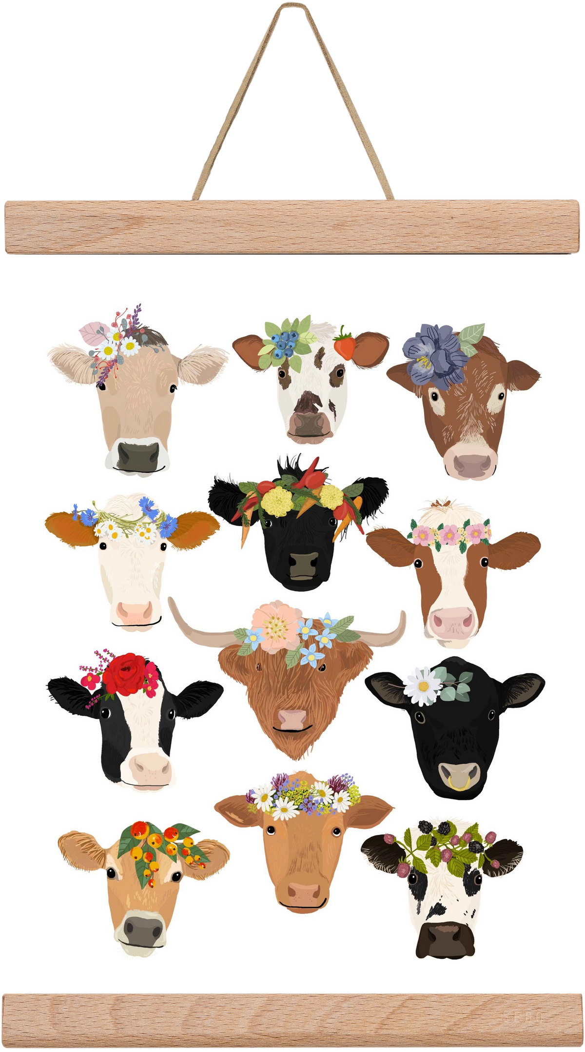 Flower Cow Print, 20x30 cm (20x30 cm), Tölgy akasztó