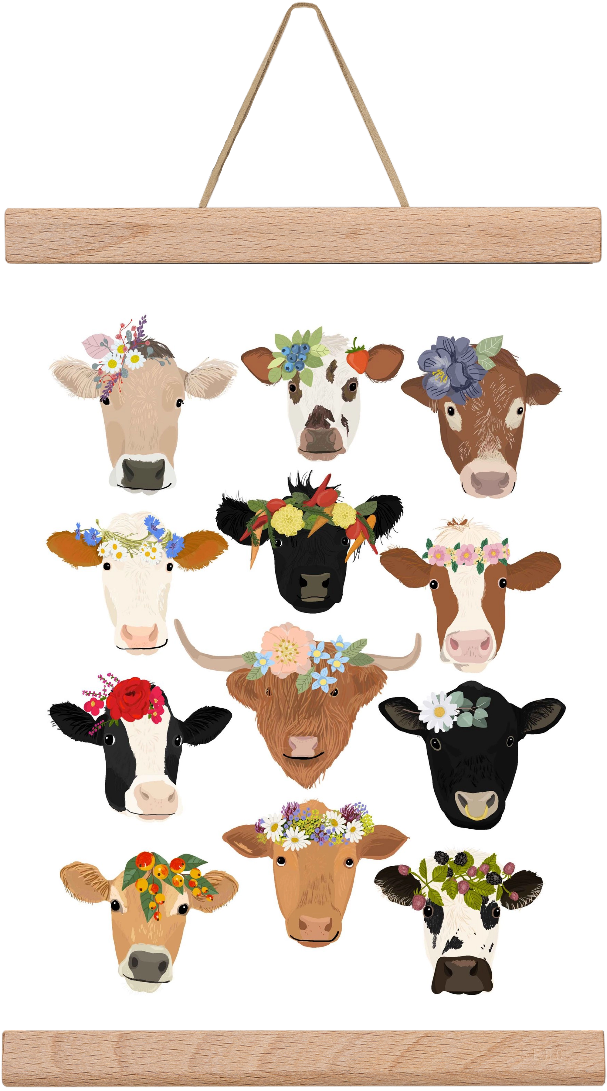 Flower Cow Print, 20x30 cm (20x30 cm), Tölgy akasztó