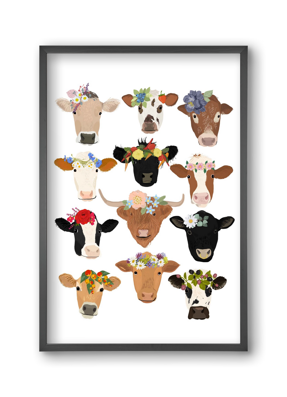 Flower Cow Print, 30x45 cm (30x45 cm), Fekete keret