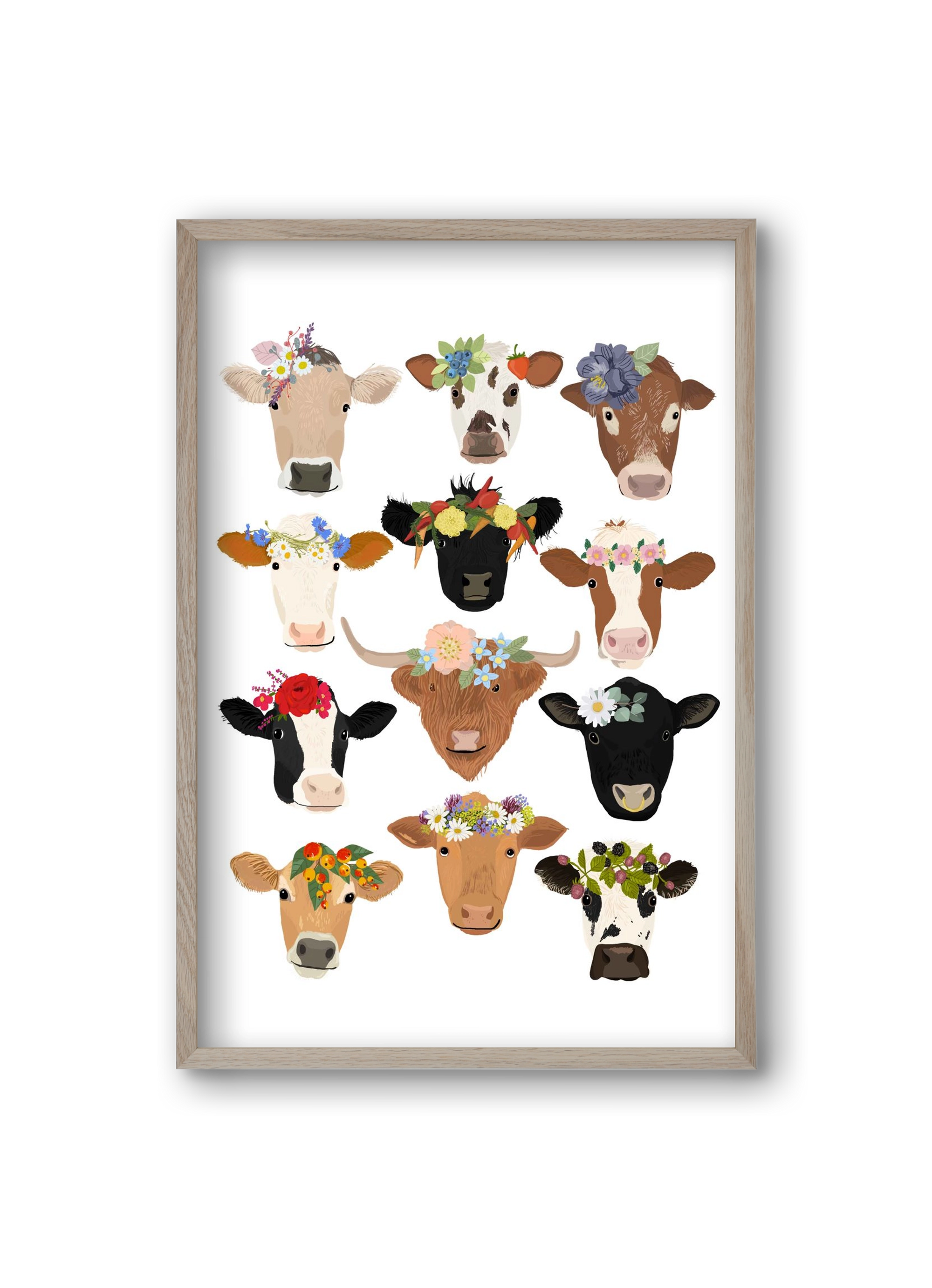 Flower Cow Print, 20x30 cm (20x30 cm), Tölgy keret