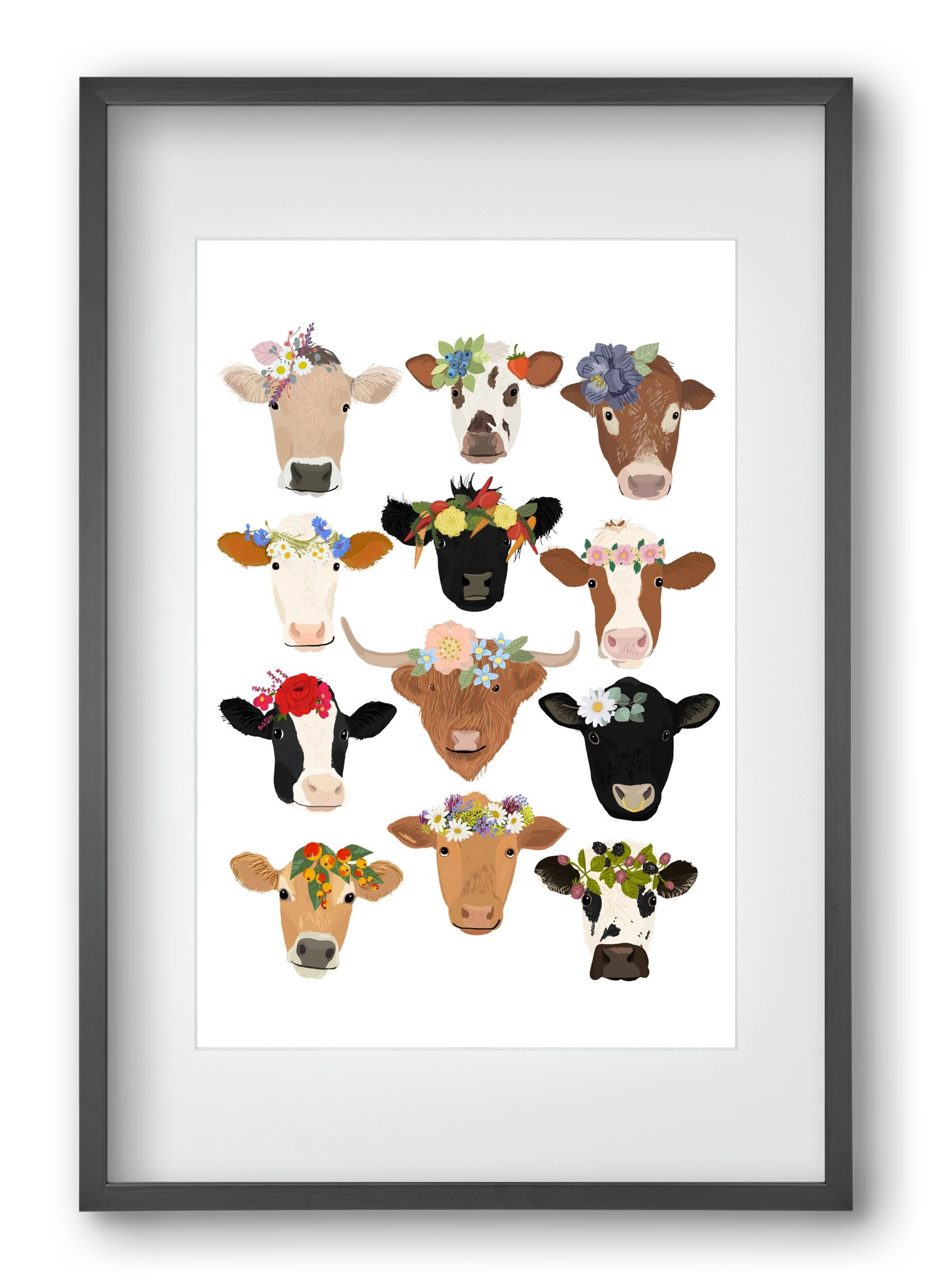 Flower Cow Print, 40x60 cm (30x45 cm), Fekete keret, paszpartuval