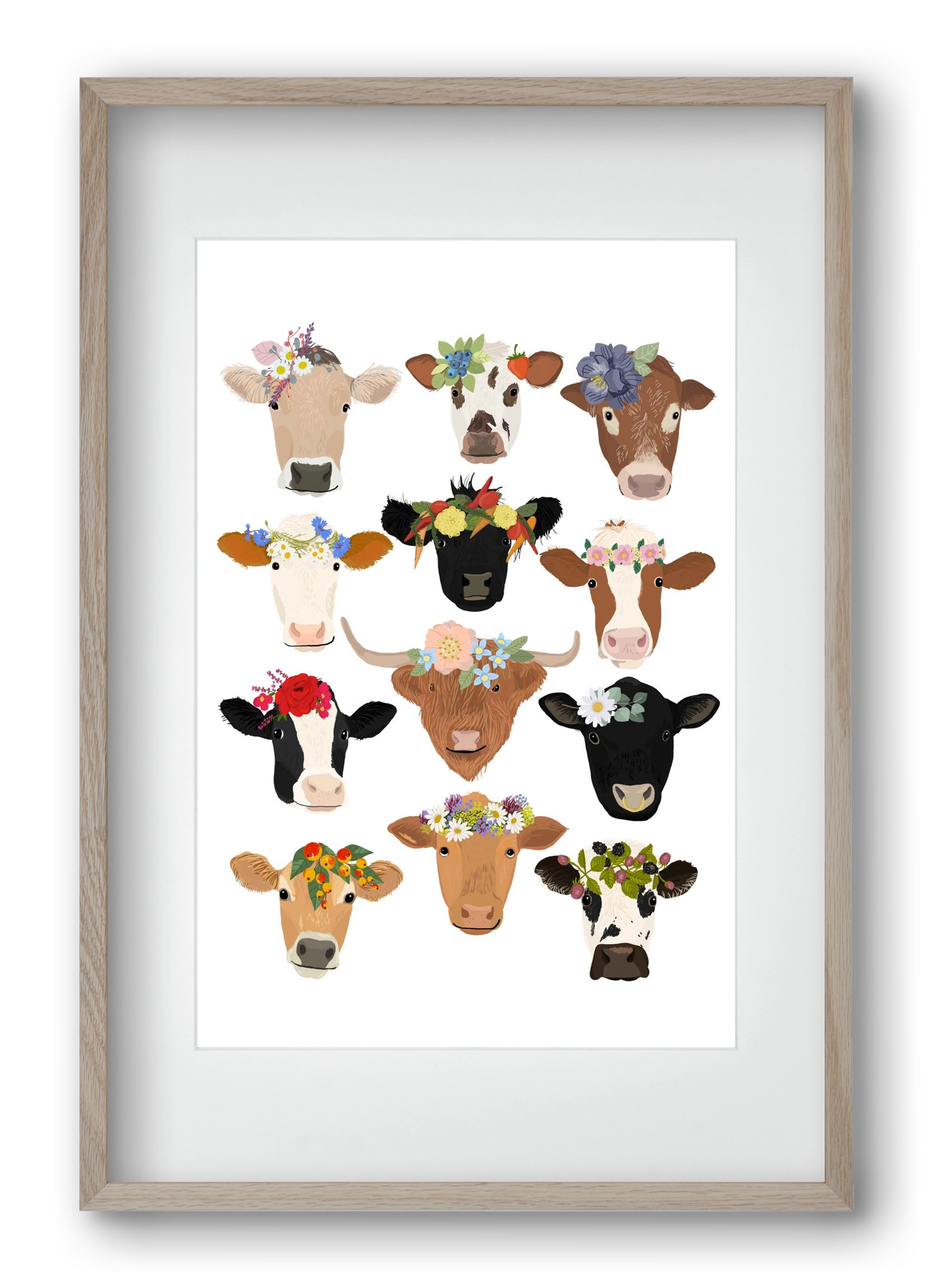 Flower Cow Print, 40x60 cm (30x45 cm), Tölgy keret, paszpartuval