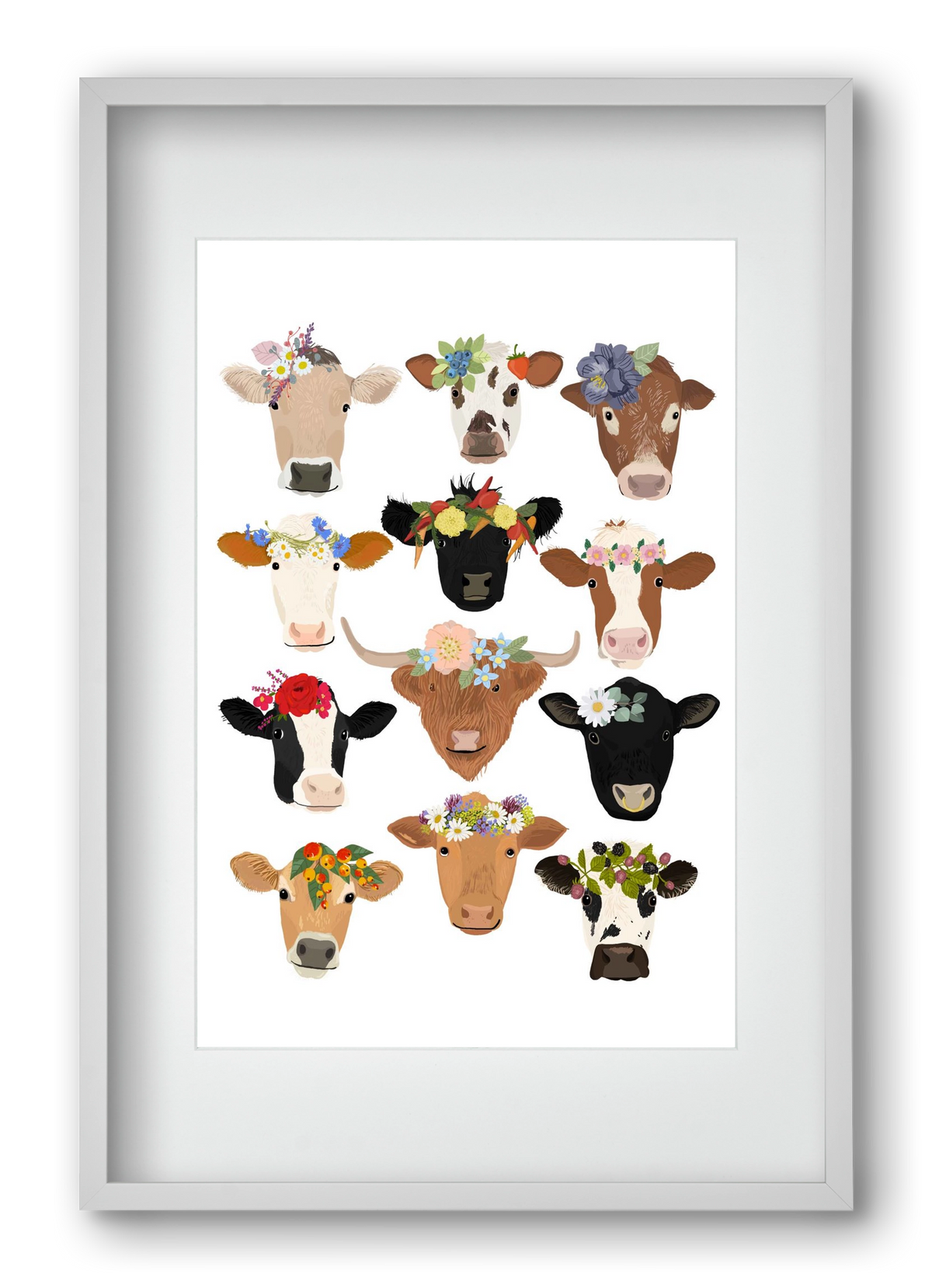 Flower Cow Print, 40x60 cm (30x45 cm), Fehér keret, paszpartuval