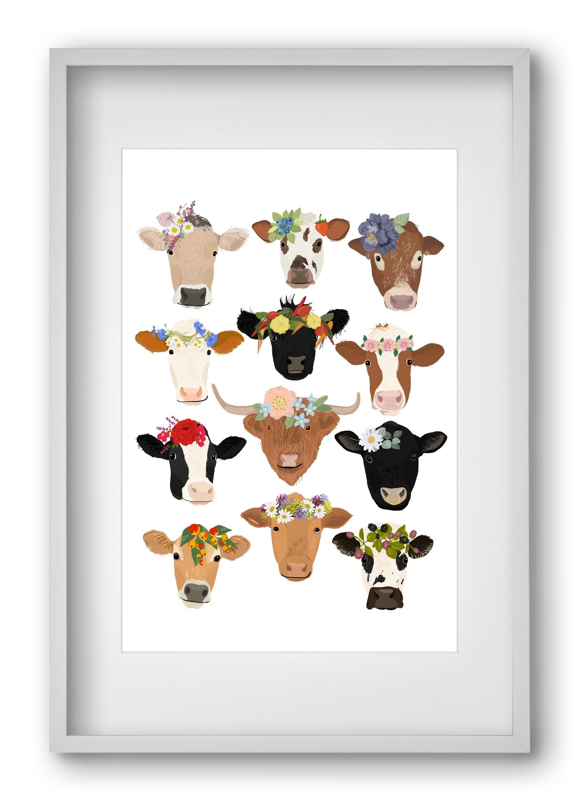 Flower Cow Print, 40x60 cm (30x45 cm), Fehér keret, paszpartuval