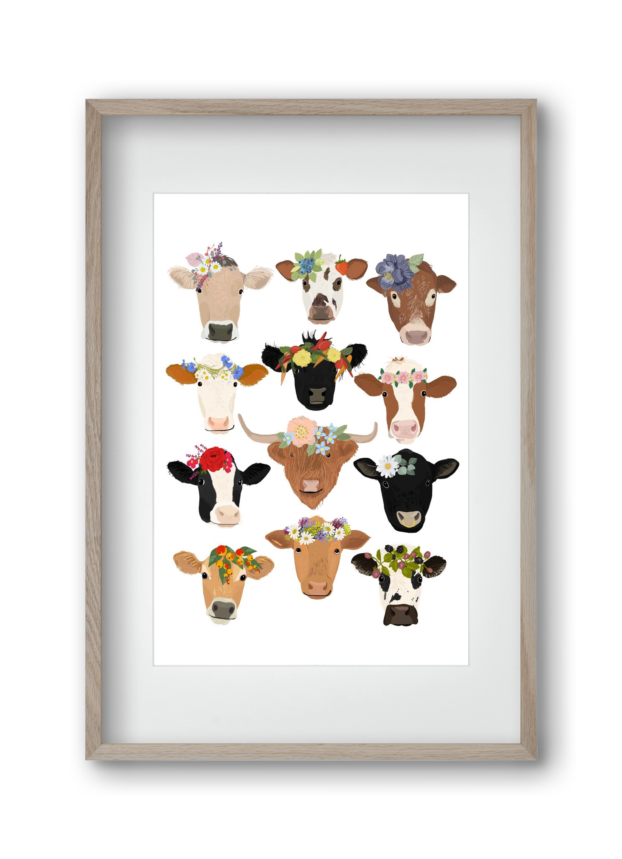 Flower Cow Print, 30x45 cm (20x30 cm), Tölgy keret, paszpartuval
