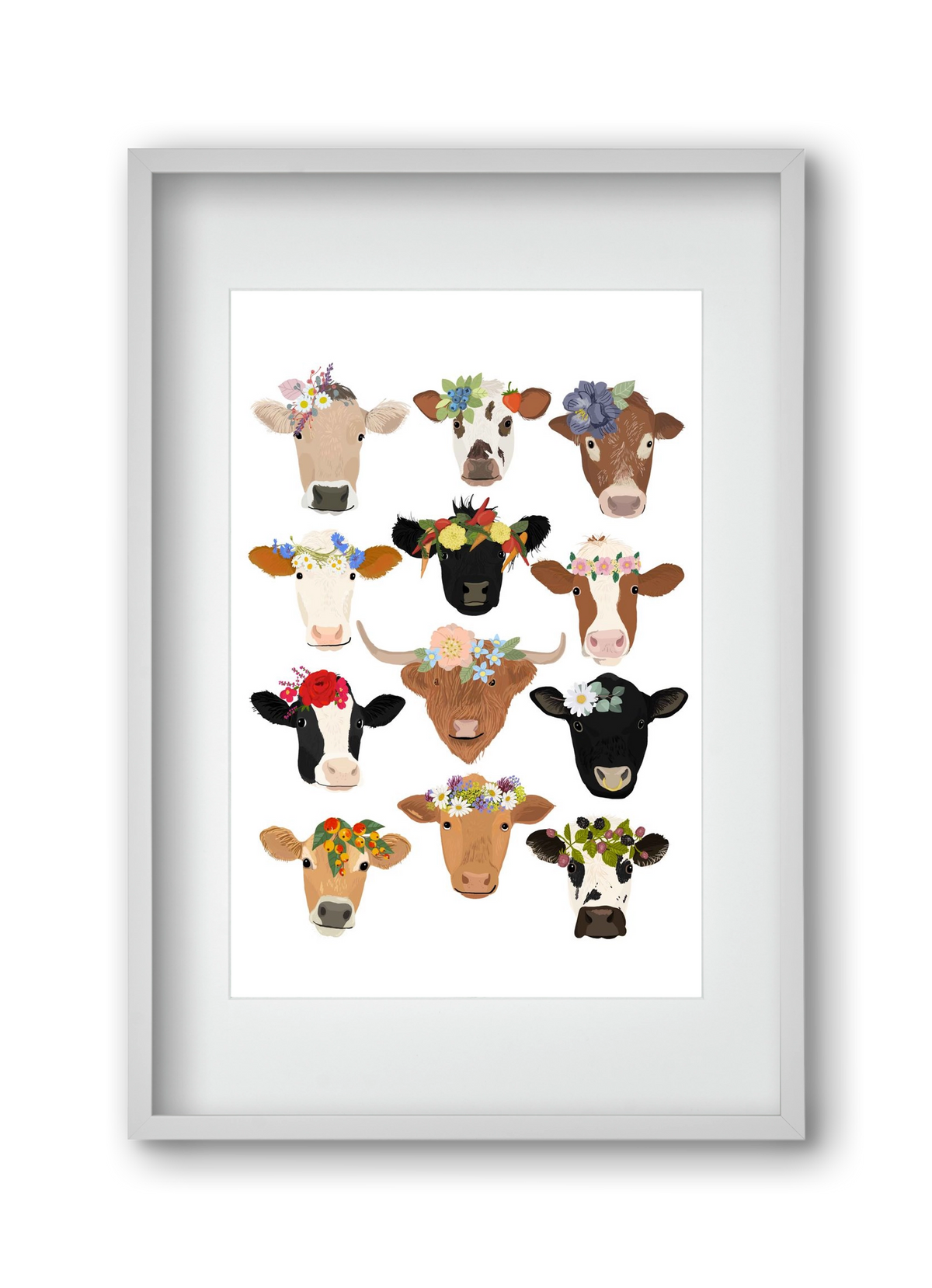 Flower Cow Print, 30x45 cm (20x30 cm), Fehér keret, paszpartuval