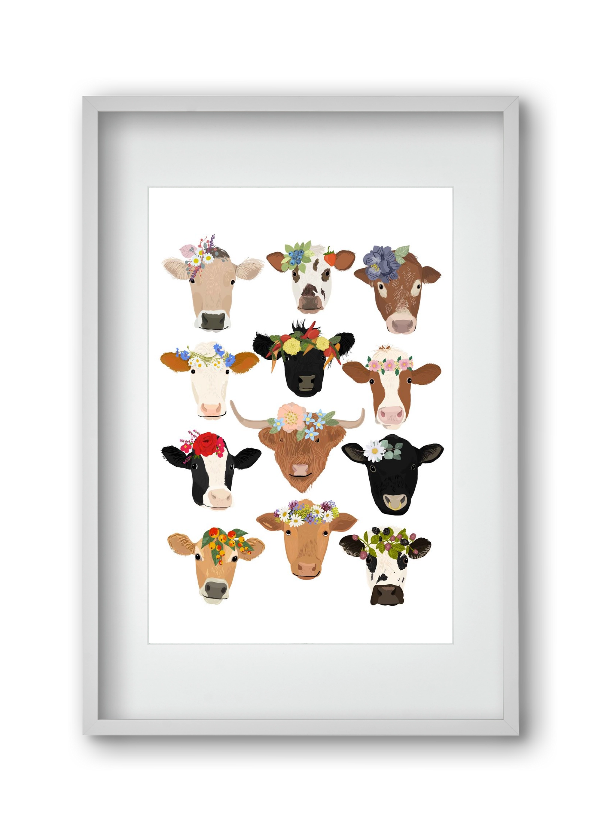Flower Cow Print, 30x45 cm (20x30 cm), Fehér keret, paszpartuval