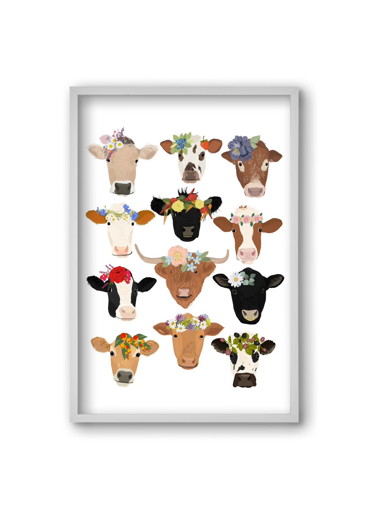 Flower Cow Print, 20x30 cm (20x30 cm), Fehér keret