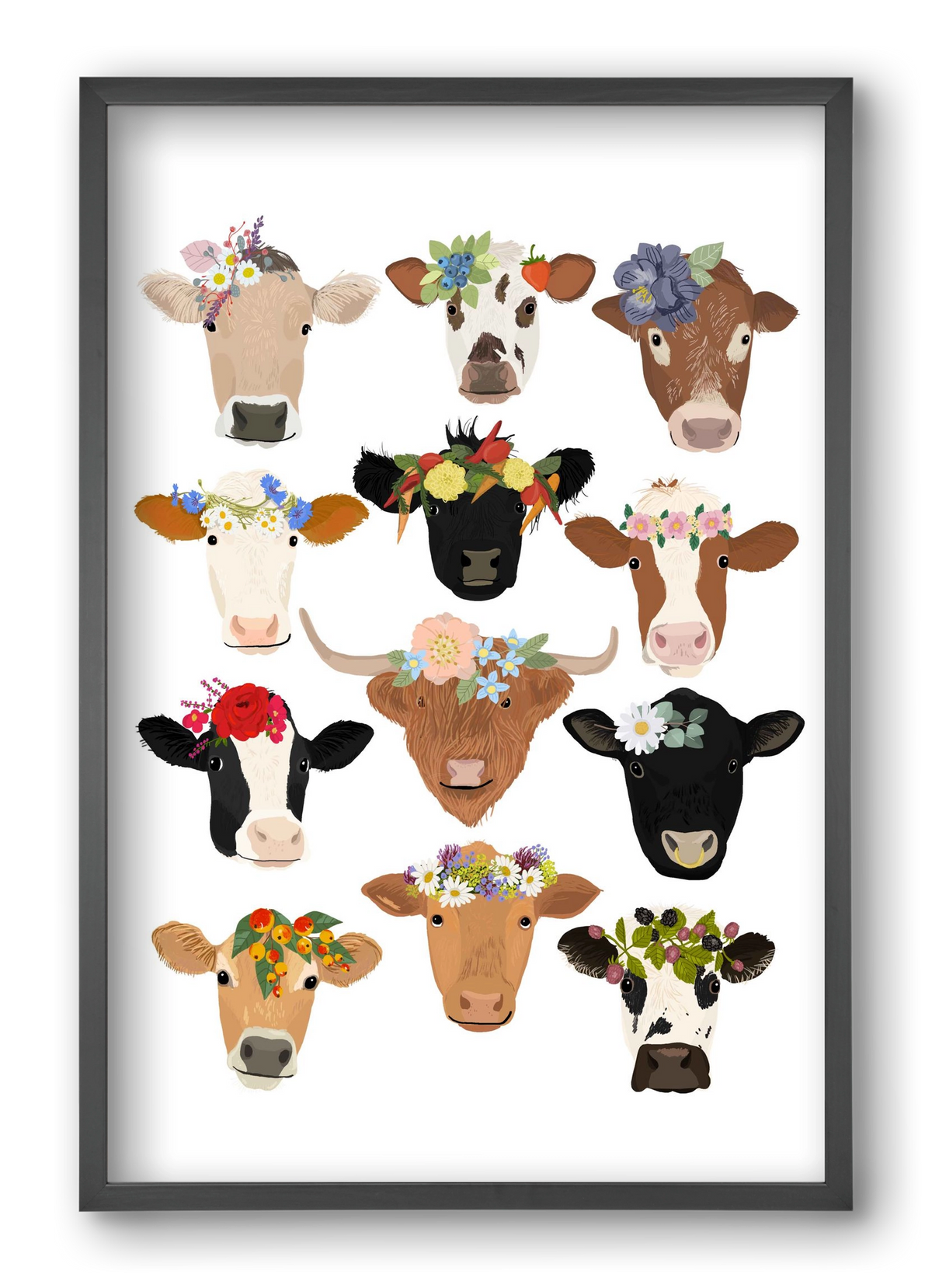 Flower Cow Print, 40x60 cm (40x60 cm), Fekete keret