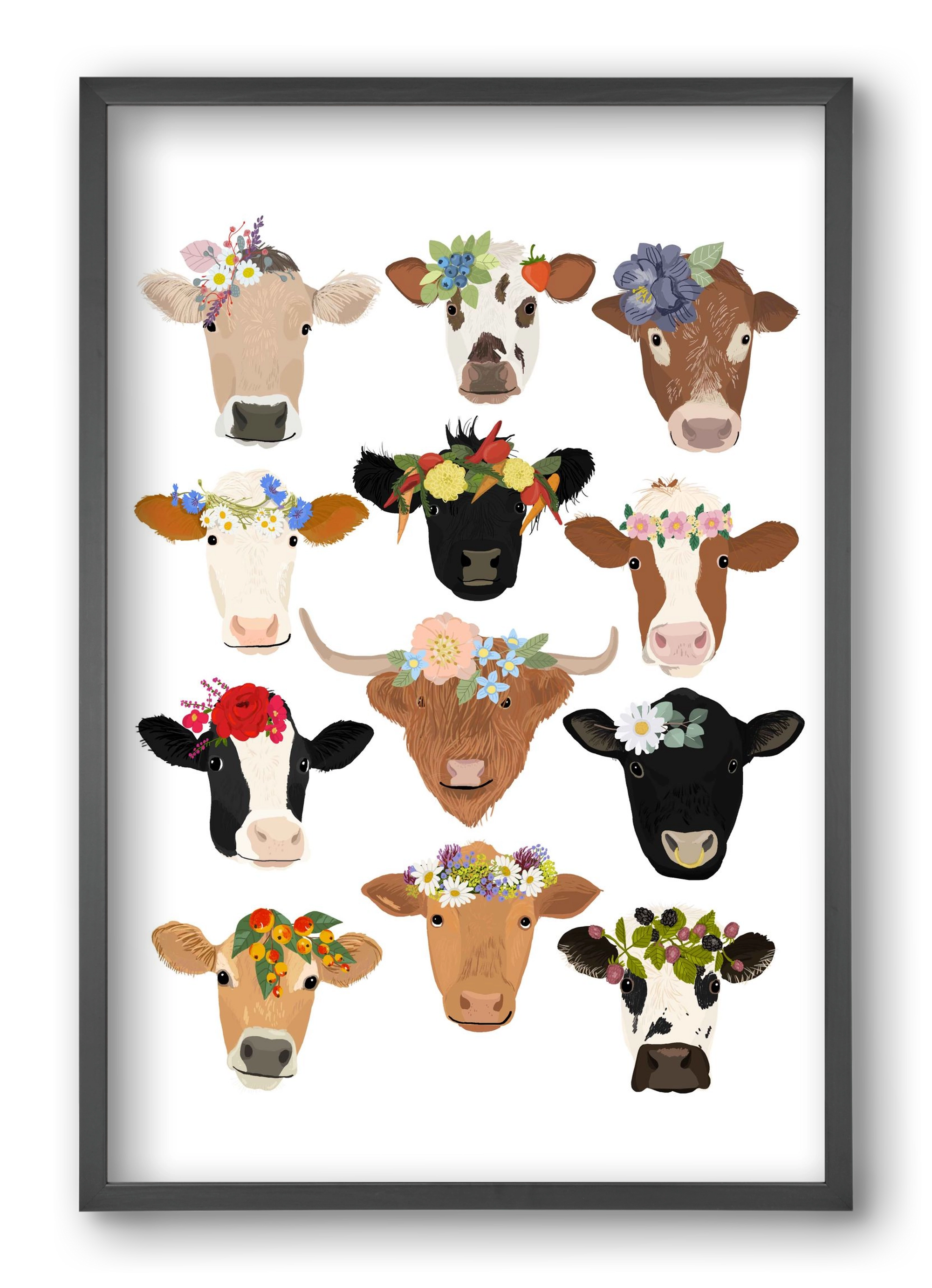 Flower Cow Print, 40x60 cm (40x60 cm), Fekete keret