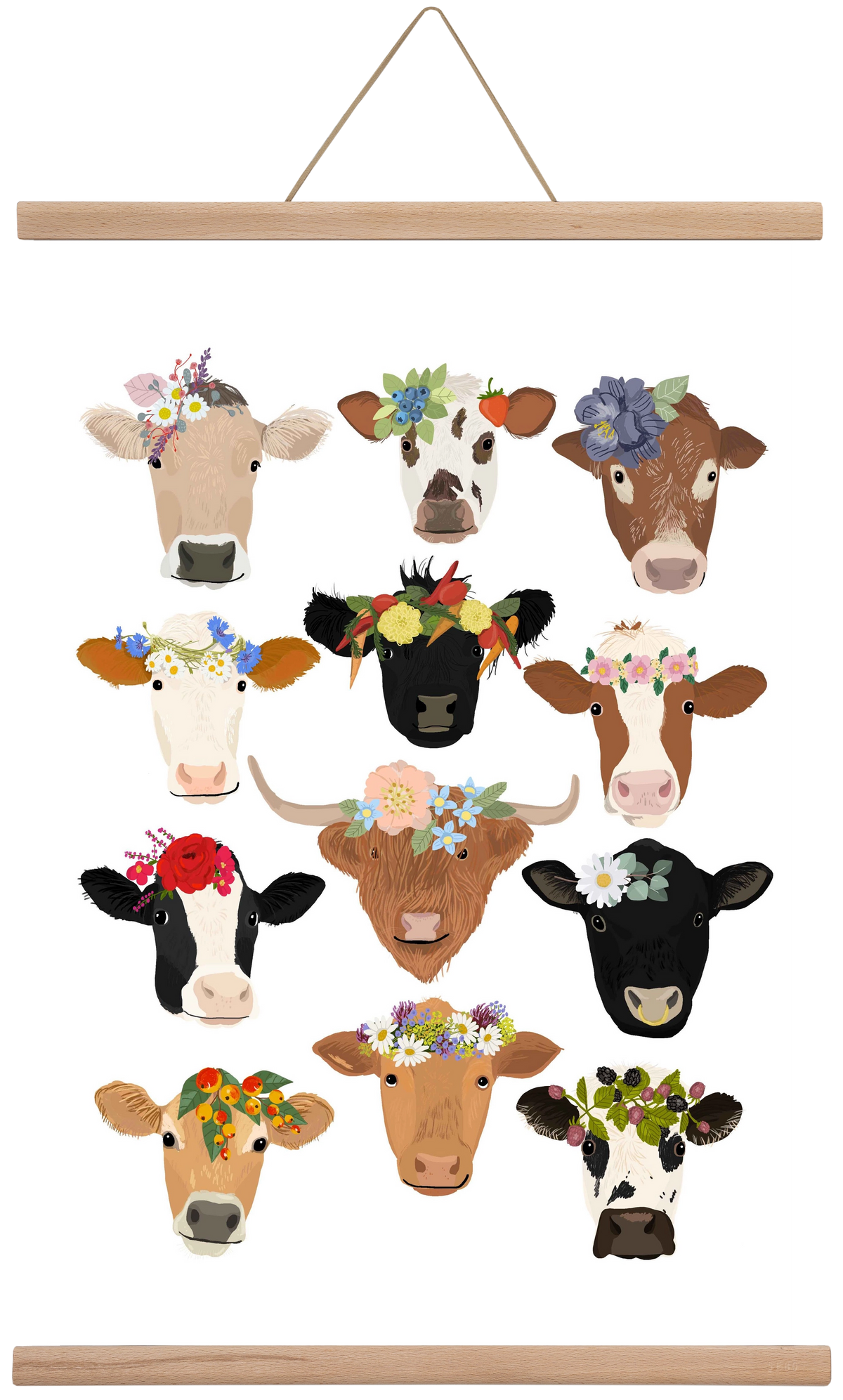 Flower Cow Print, 40x60 cm (40x60 cm), Tölgy akasztó