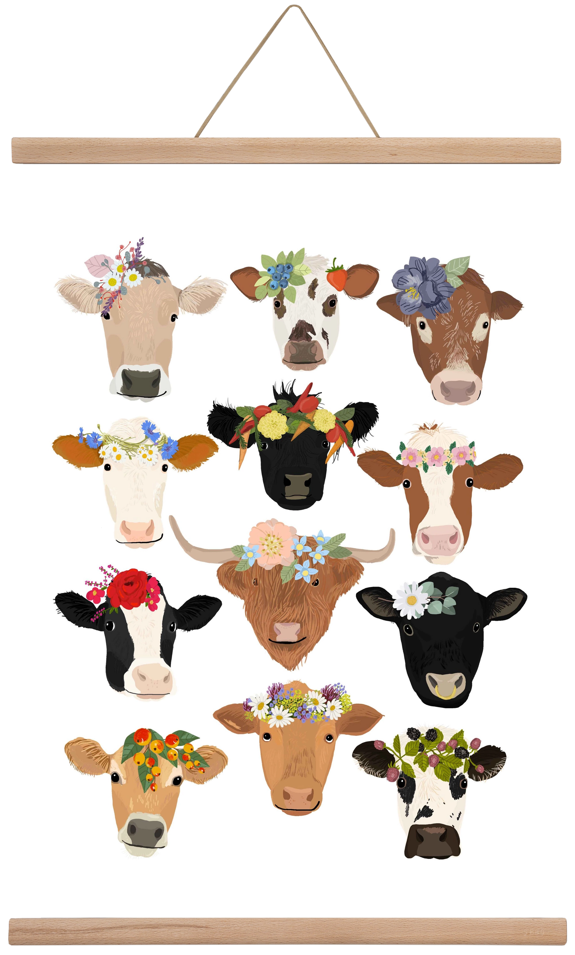 Flower Cow Print, 40x60 cm (40x60 cm), Tölgy akasztó