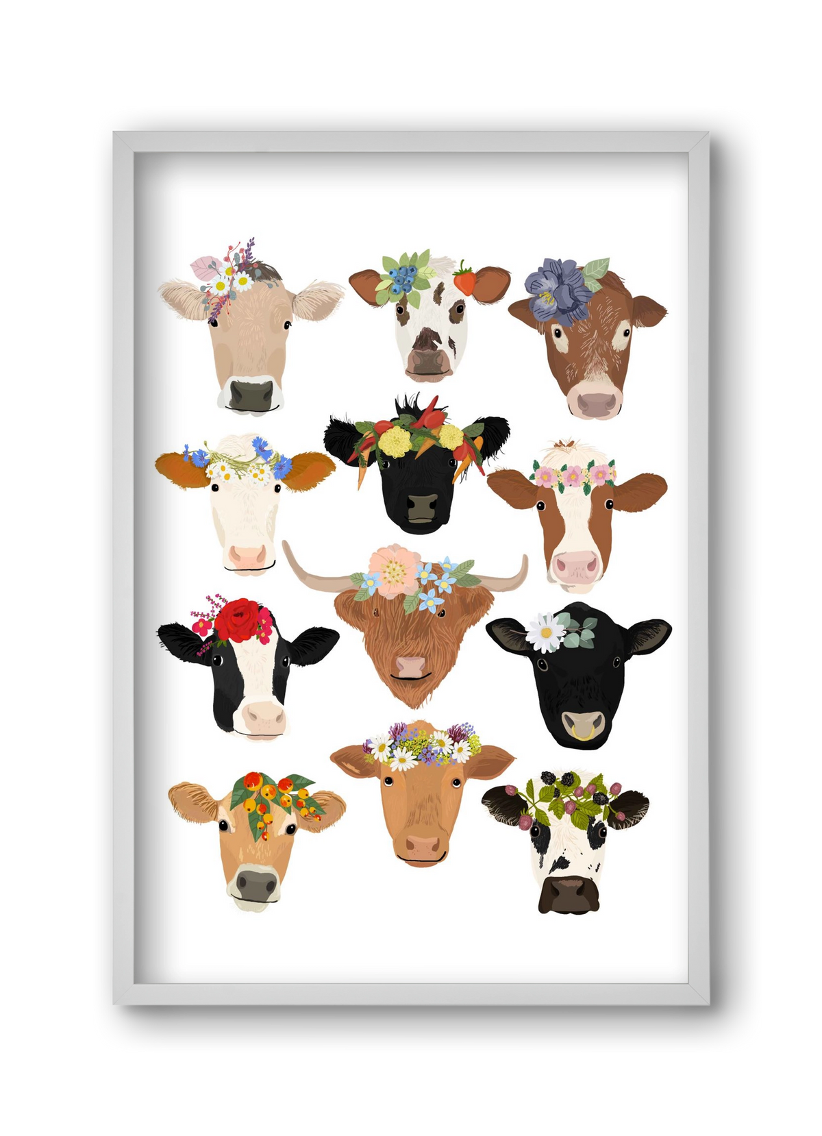Flower Cow Print, 30x45 cm (30x45 cm), Fehér keret