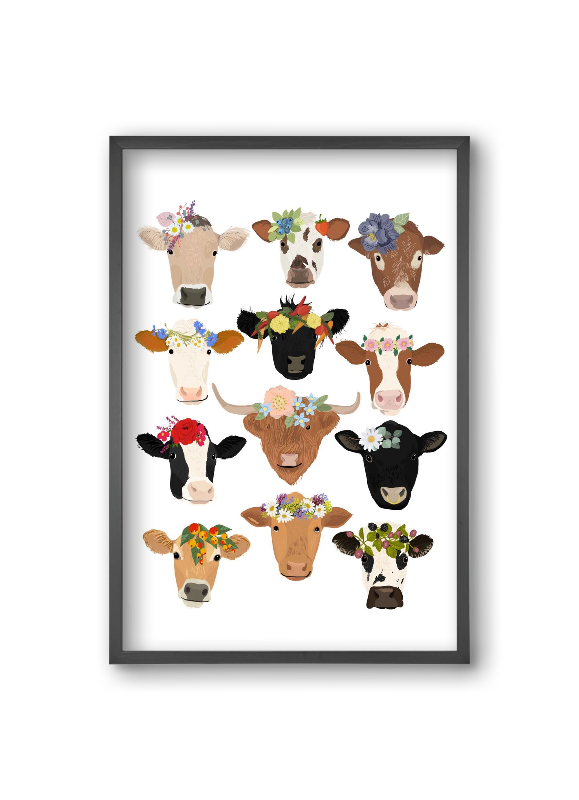 Flower Cow Print, 20x30 cm (20x30 cm), Fekete keret