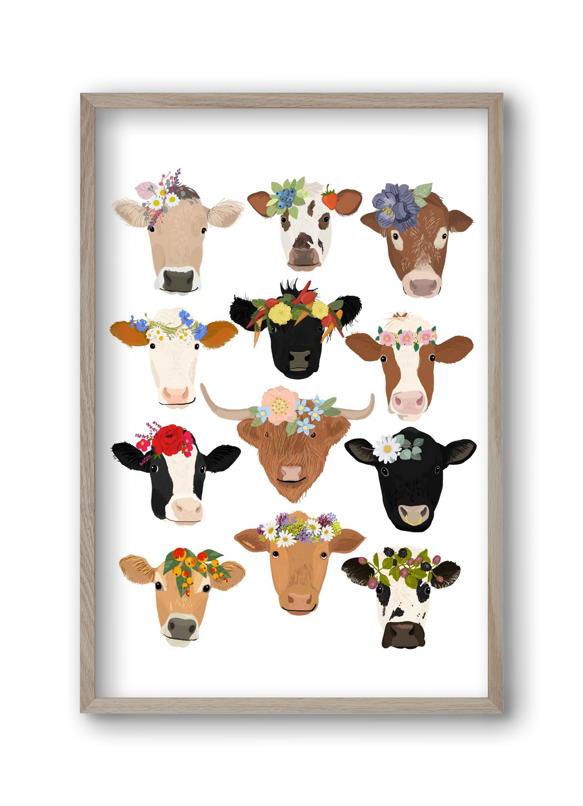 Flower Cow Print, 30x45 cm (30x45 cm), Tölgy keret