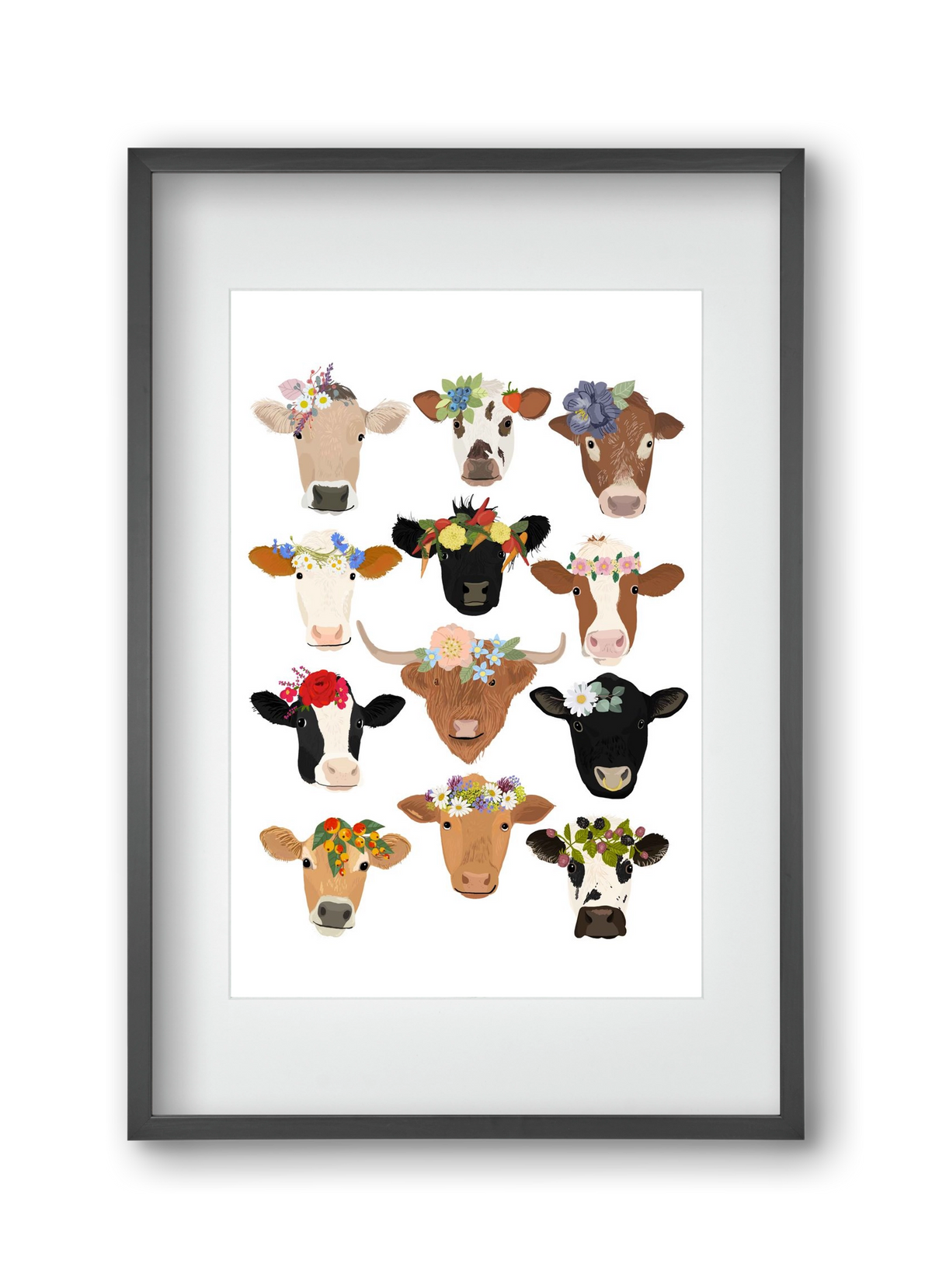 Flower Cow Print, 30x45 cm (20x30 cm), Fekete keret, paszpartuval