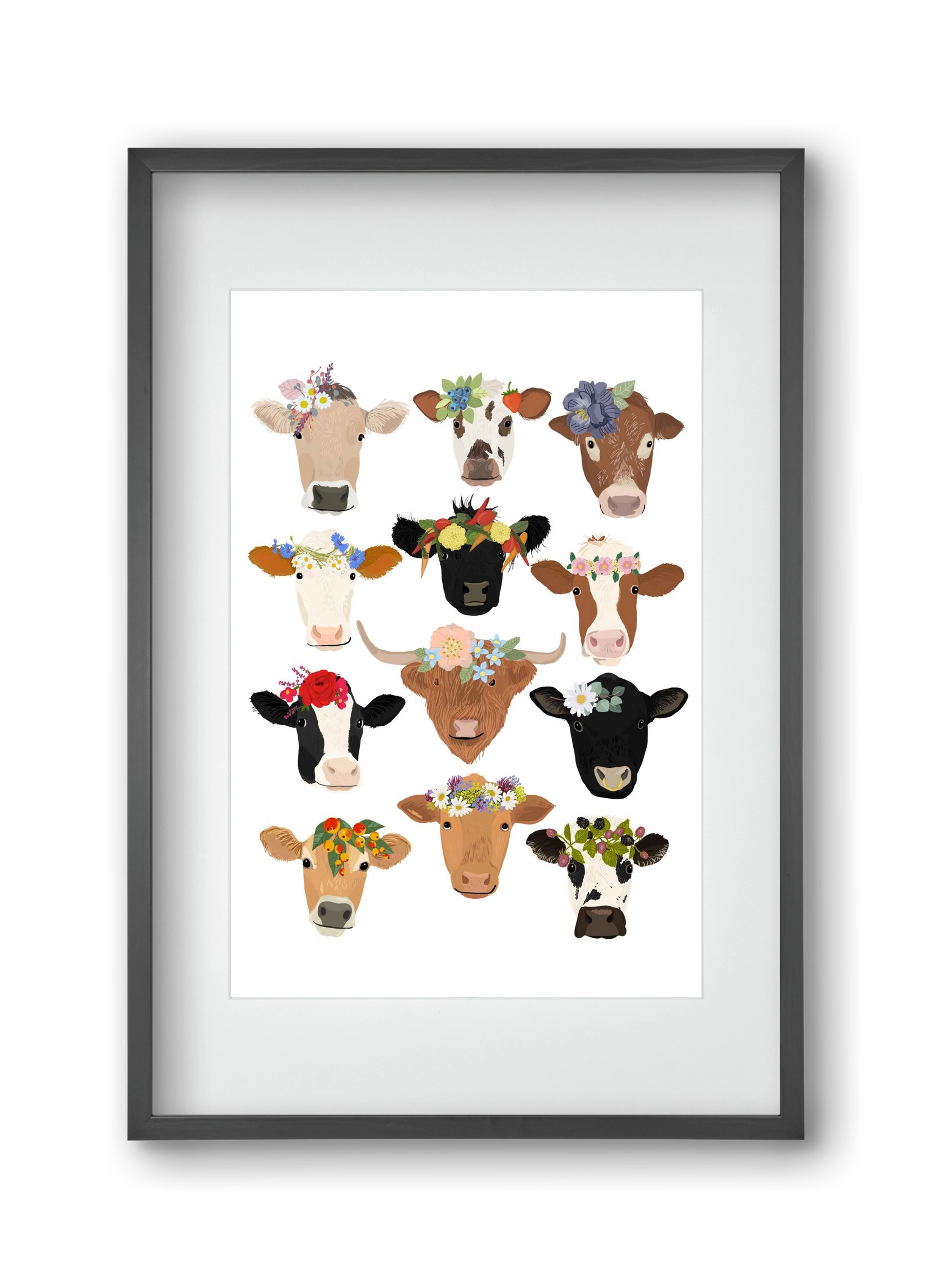 Flower Cow Print, 30x45 cm (20x30 cm), Fekete keret, paszpartuval