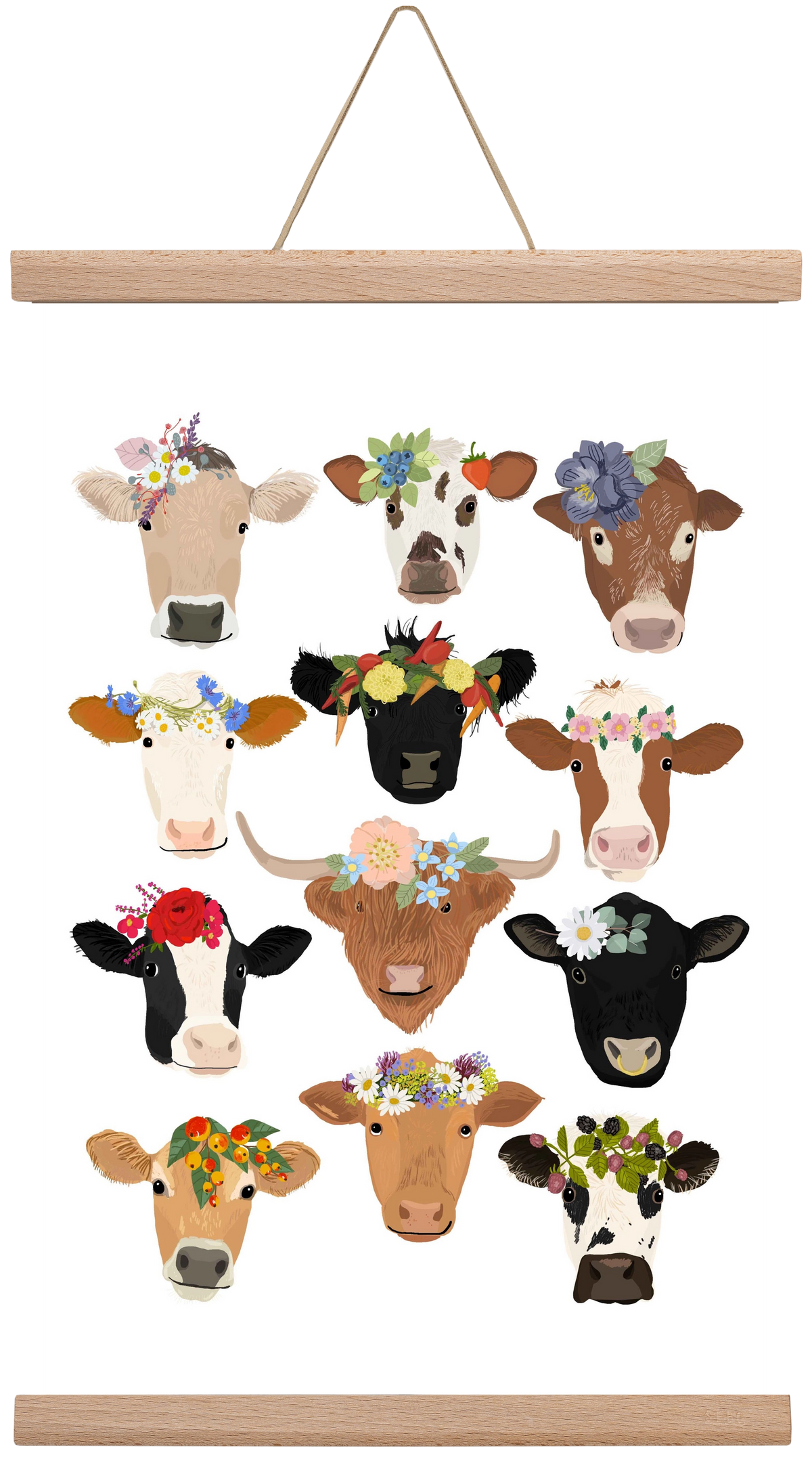 Flower Cow Print, 30x45 cm (30x45 cm), Tölgy akasztó