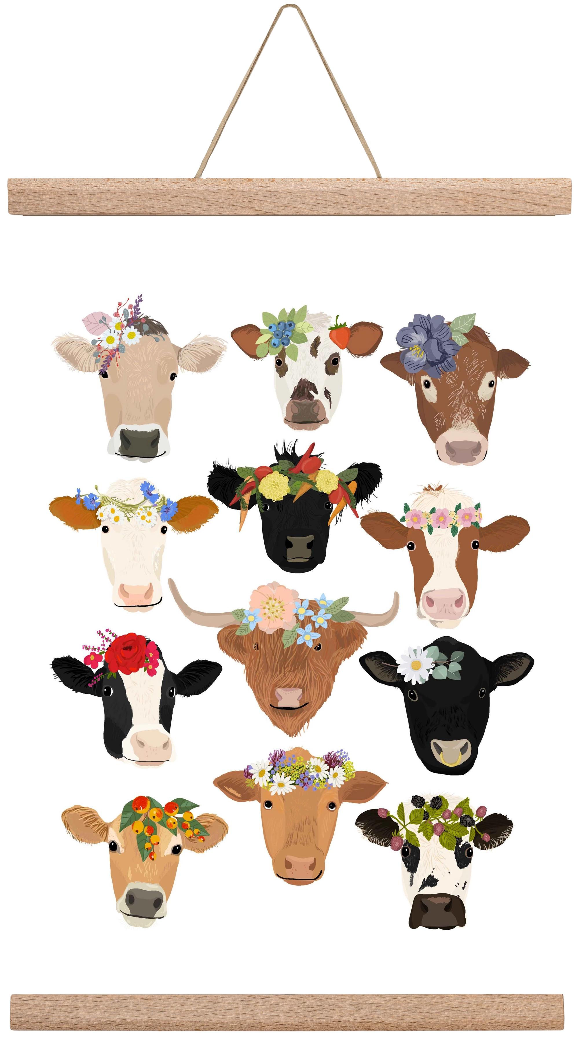 Flower Cow Print, 30x45 cm (30x45 cm), Tölgy akasztó