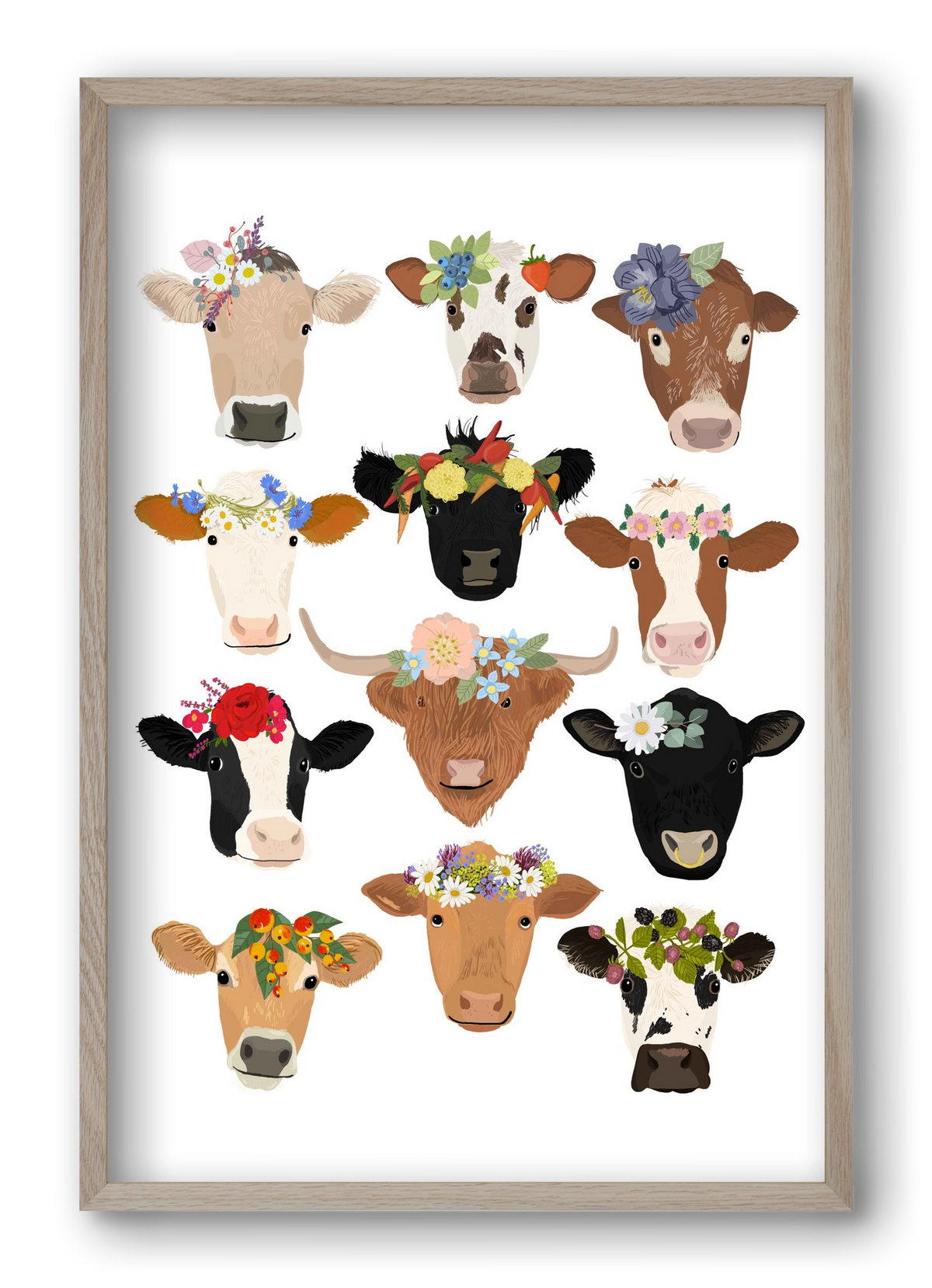Flower Cow Print, 40x60 cm (40x60 cm), Tölgy keret