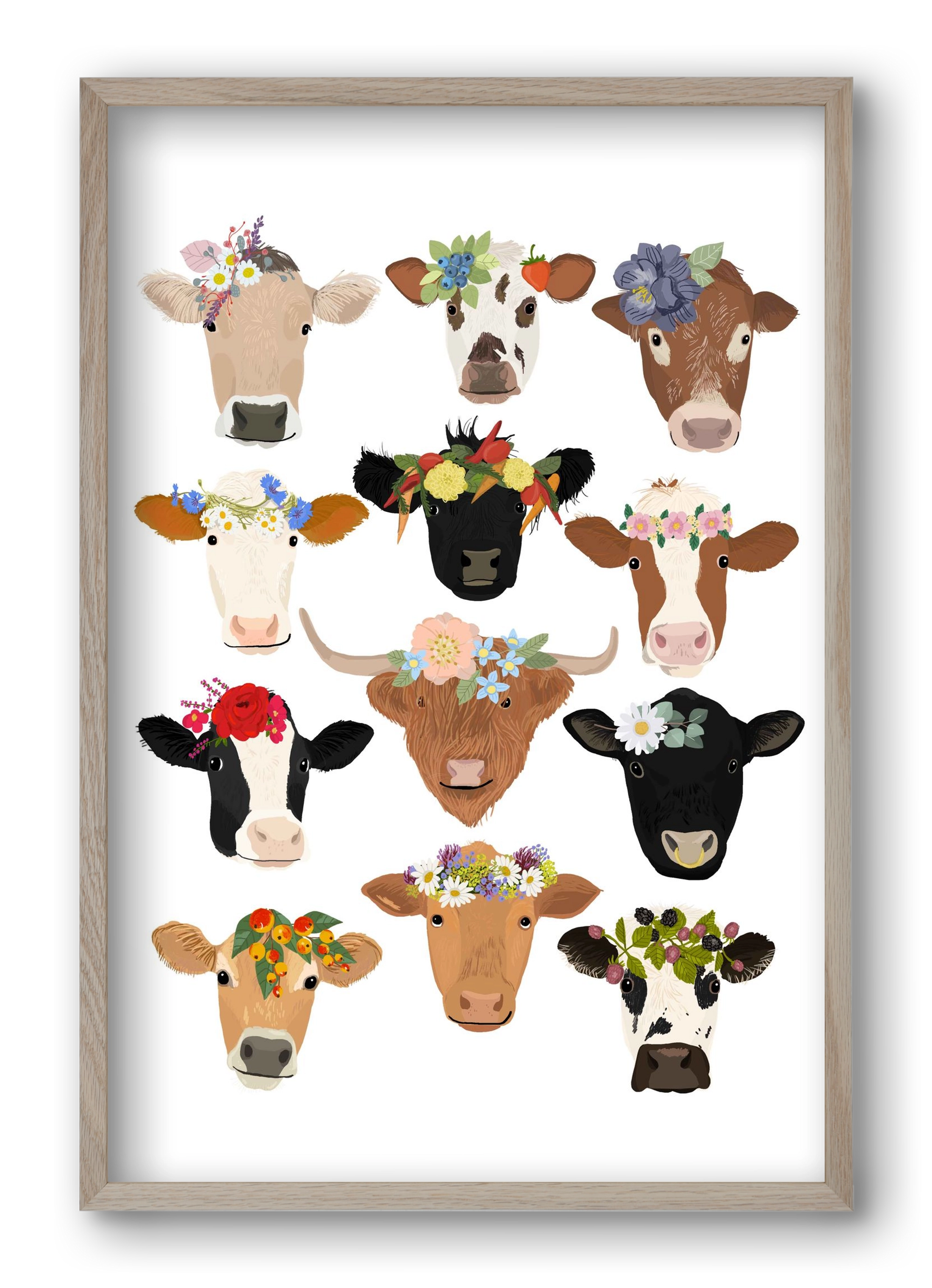 Flower Cow Print, 40x60 cm (40x60 cm), Tölgy keret