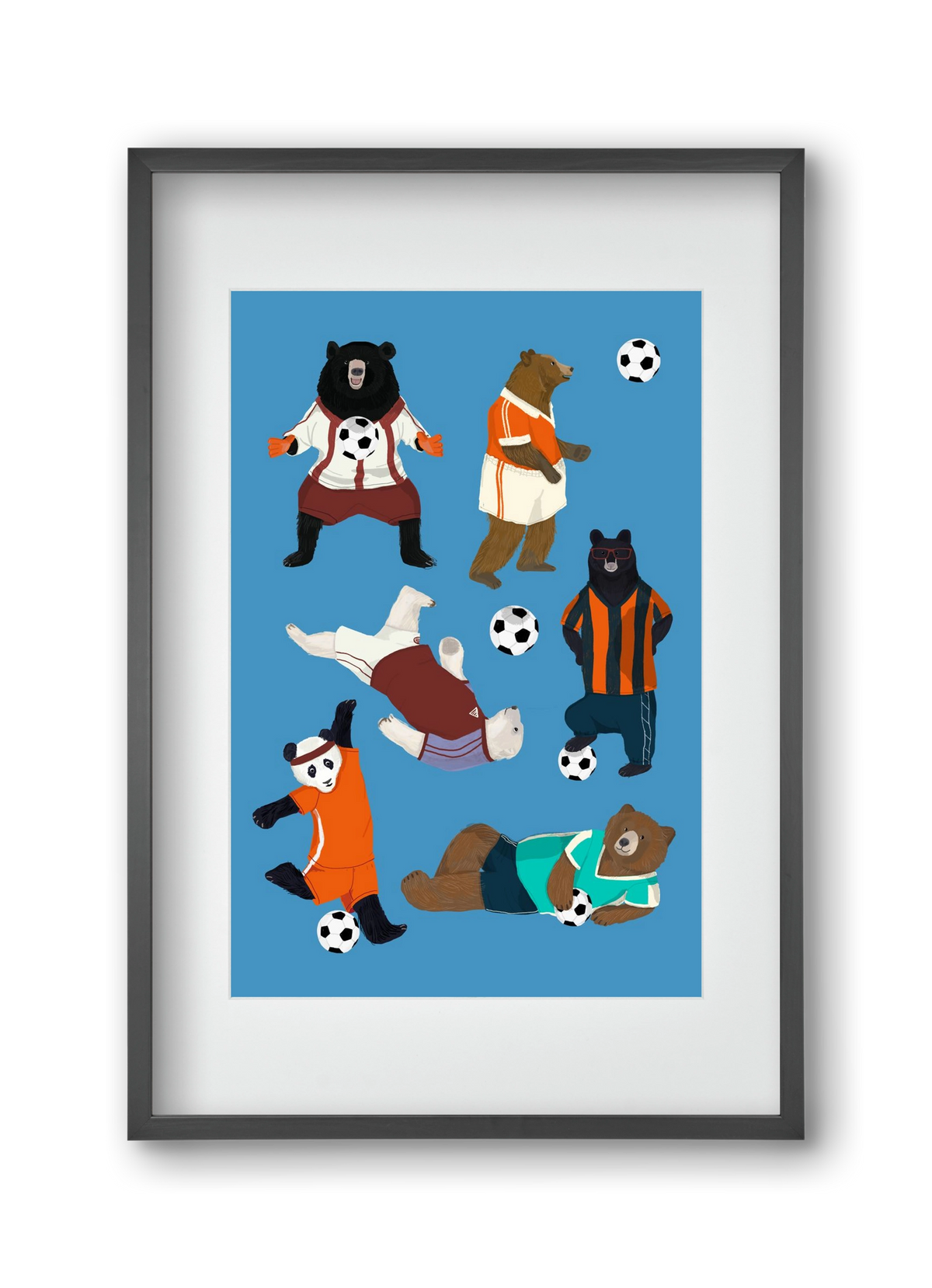 Bears doing football print, 30x45 cm (20x30 cm), Fekete keret, paszpartuval