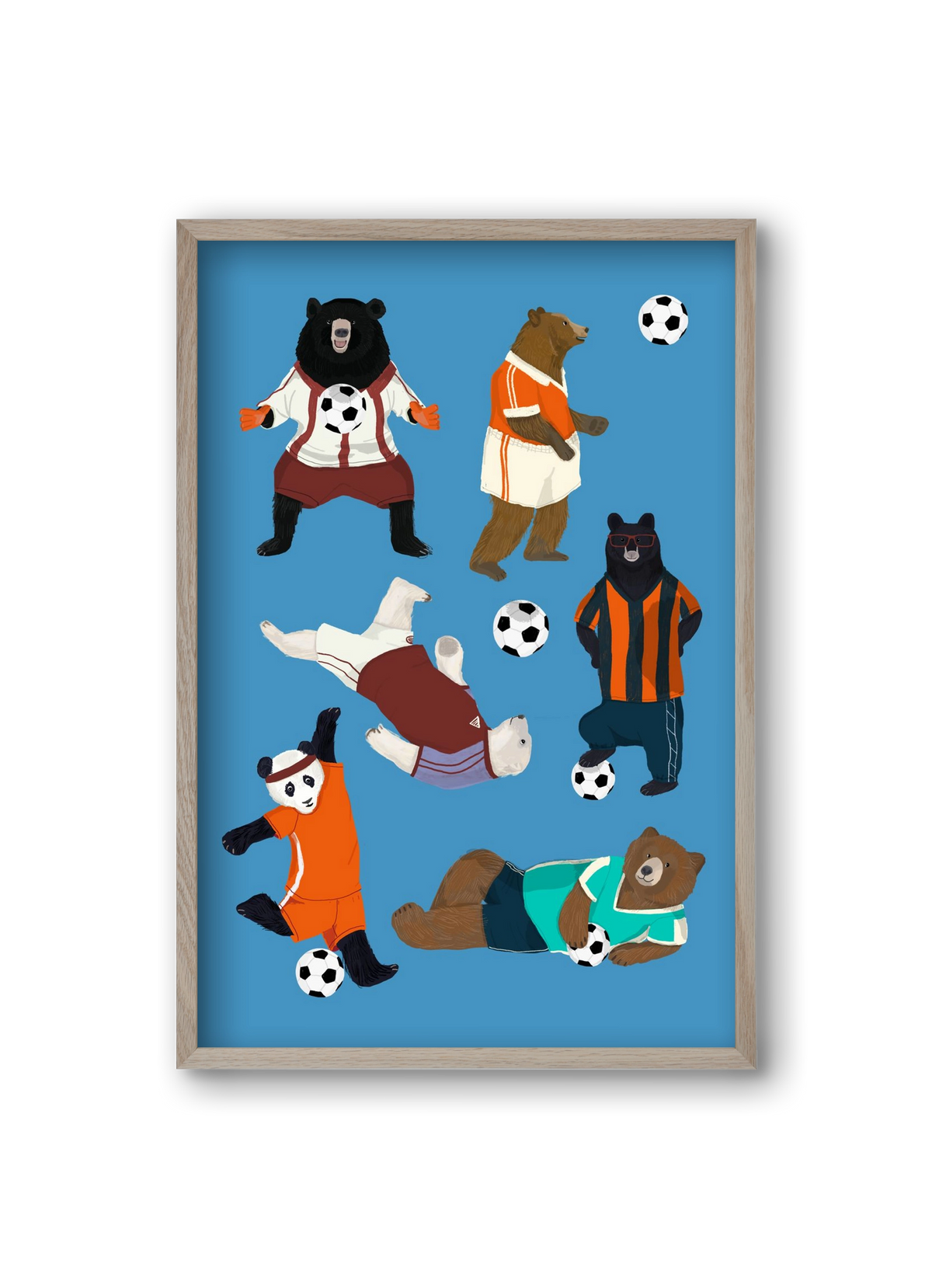 Bears doing football print, 20x30 cm (20x30 cm), Tölgy keret