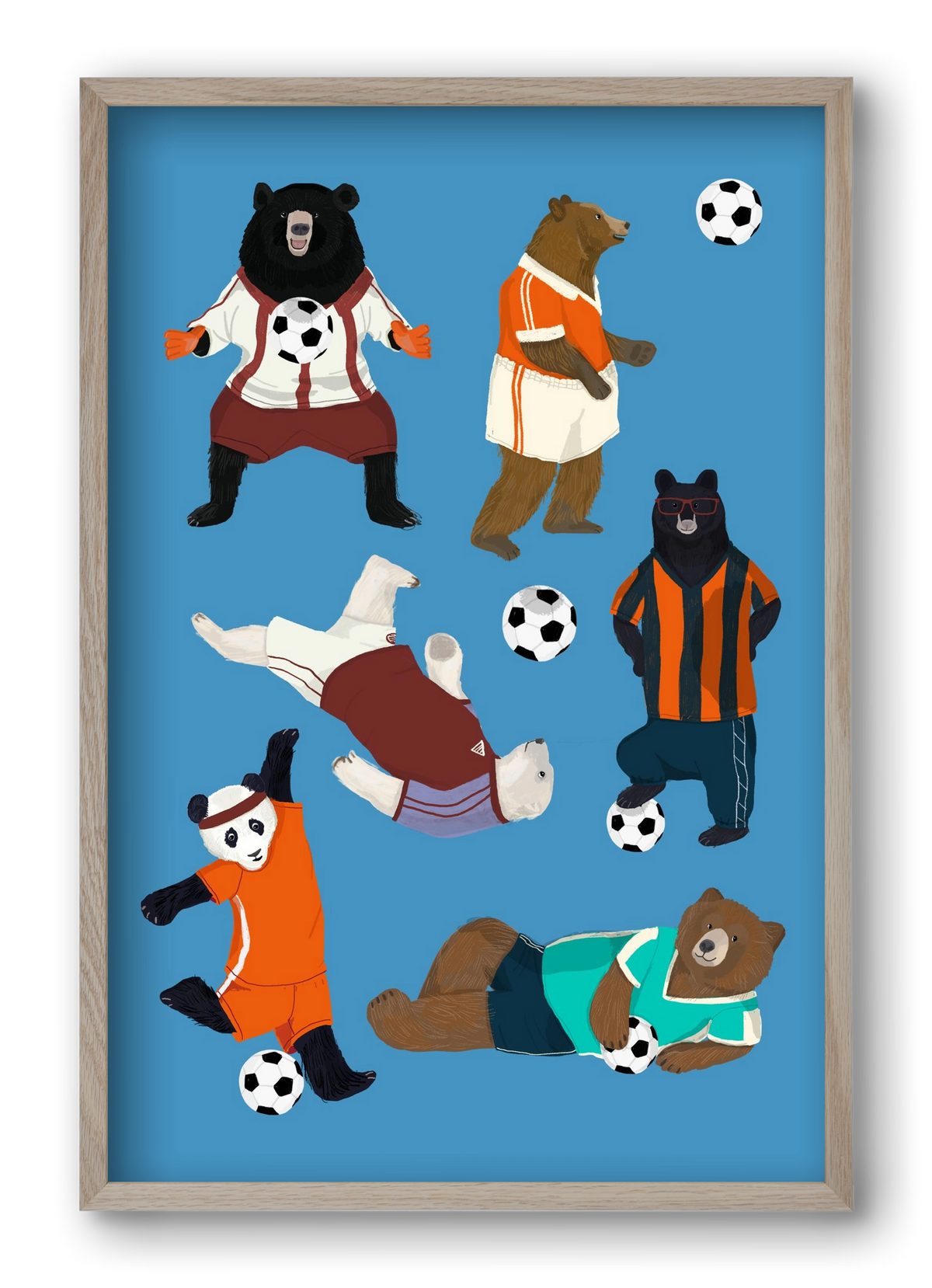 Bears doing football print, 40x60 cm (40x60 cm), Tölgy keret