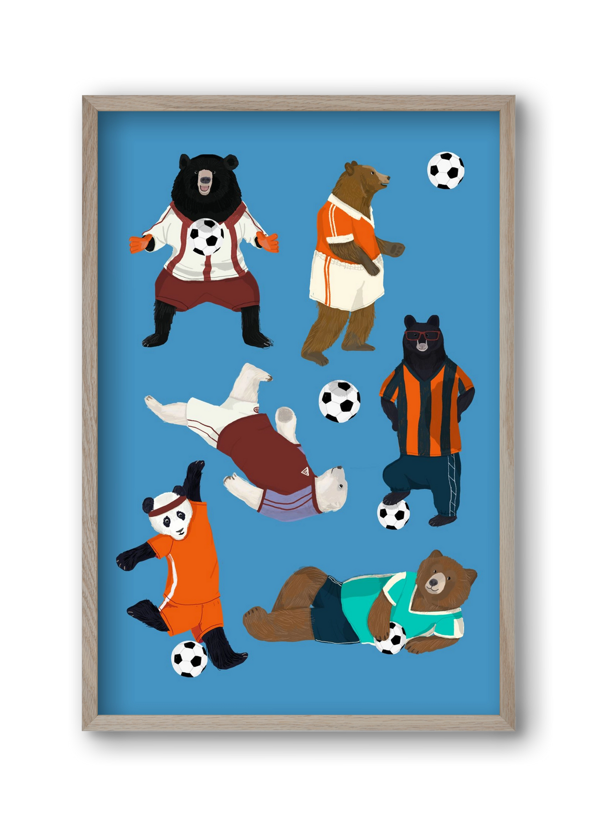 Bears doing football print, 30x45 cm (30x45 cm), Tölgy keret