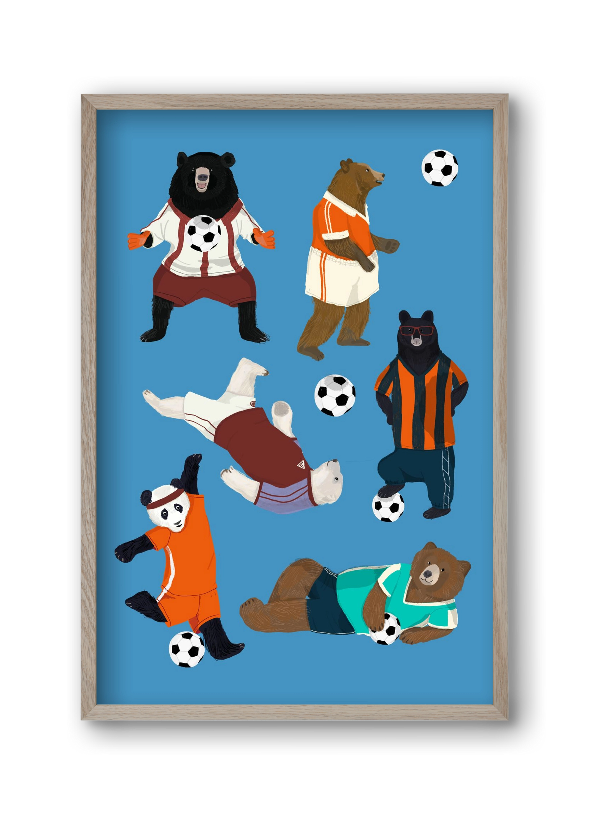 Bears doing football print, 30x45 cm (30x45 cm), Tölgy keret