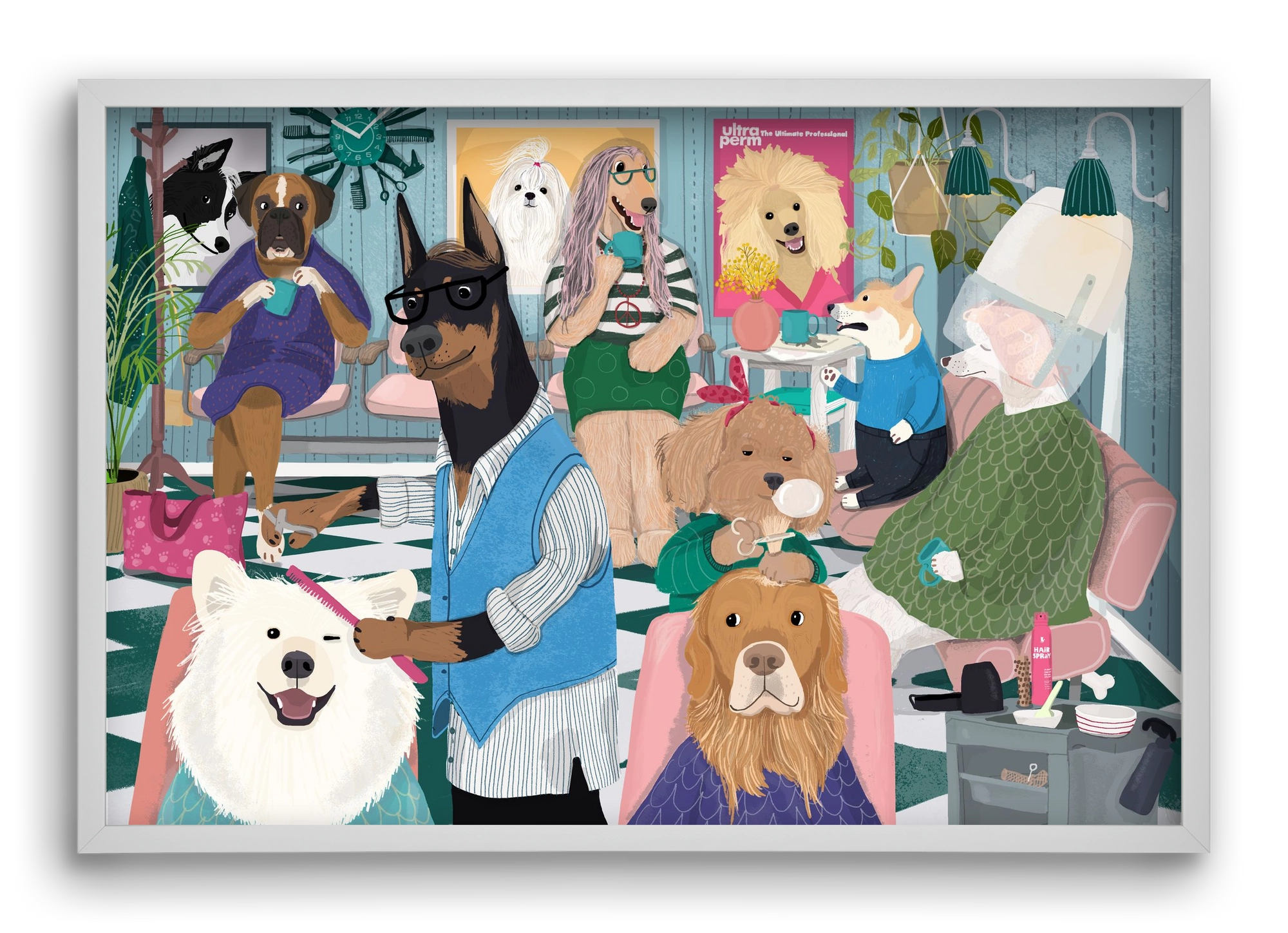 Dogs at the hairdresser, 60x40 cm (60x40 cm), Fehér keret