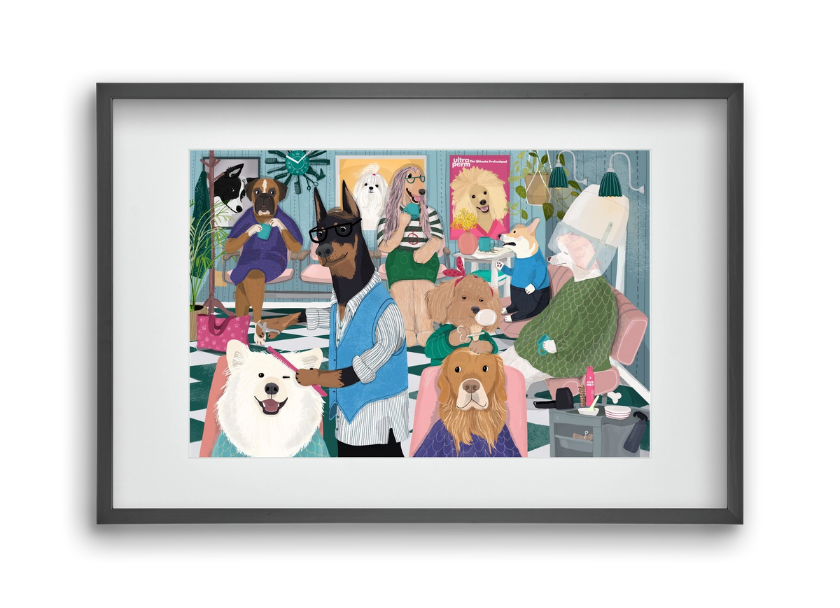 Dogs at the hairdresser, 45x30 cm (30x20 cm), Fekete keret, paszpartuval