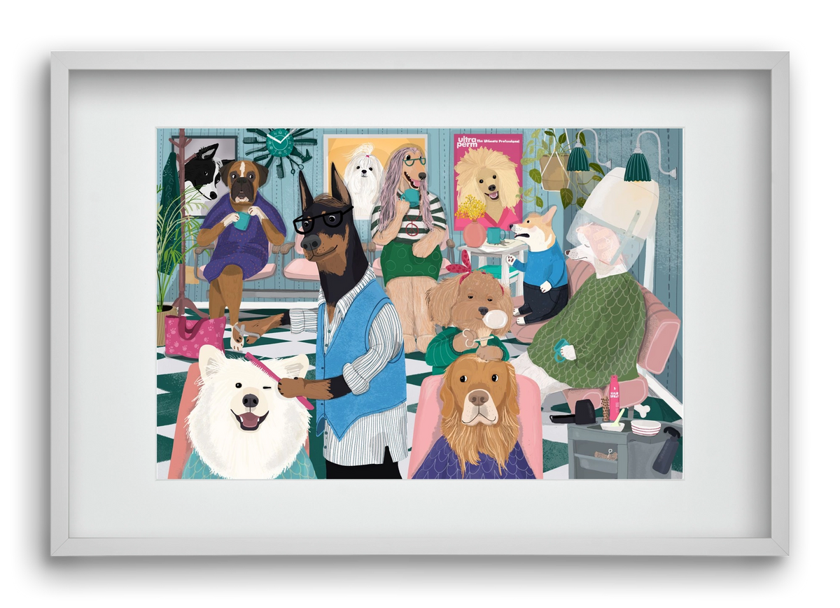 Dogs at the hairdresser, 60x40 cm (45x30 cm), Fehér keret, paszpartuval