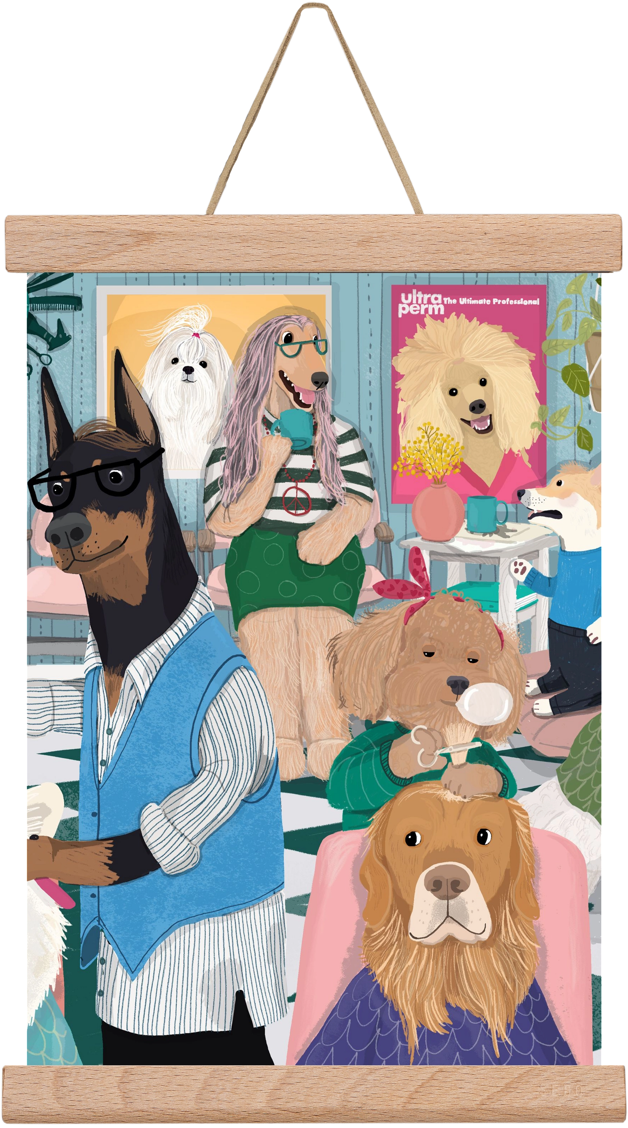 Dogs at the hairdresser, 30x20 cm (30x20 cm), Tölgy akasztó