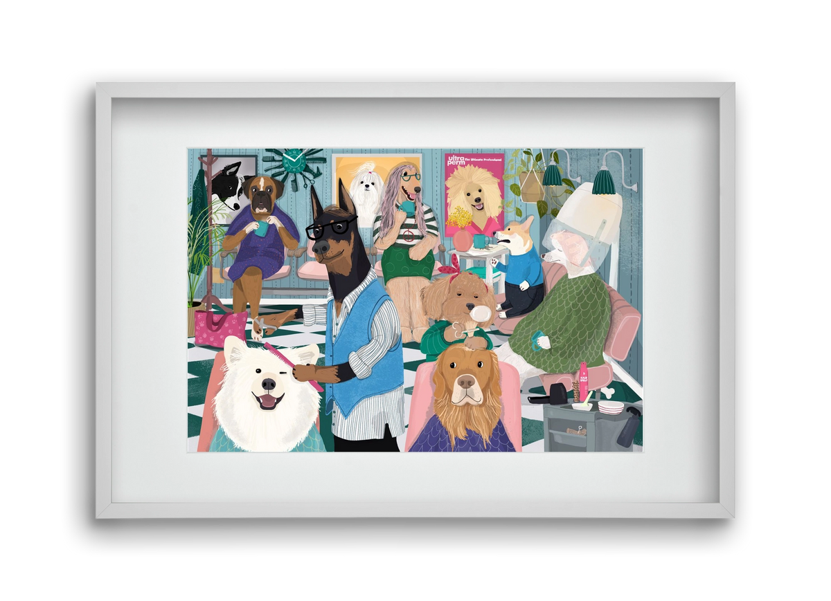 Dogs at the hairdresser, 45x30 cm (30x20 cm), Fehér keret, paszpartuval