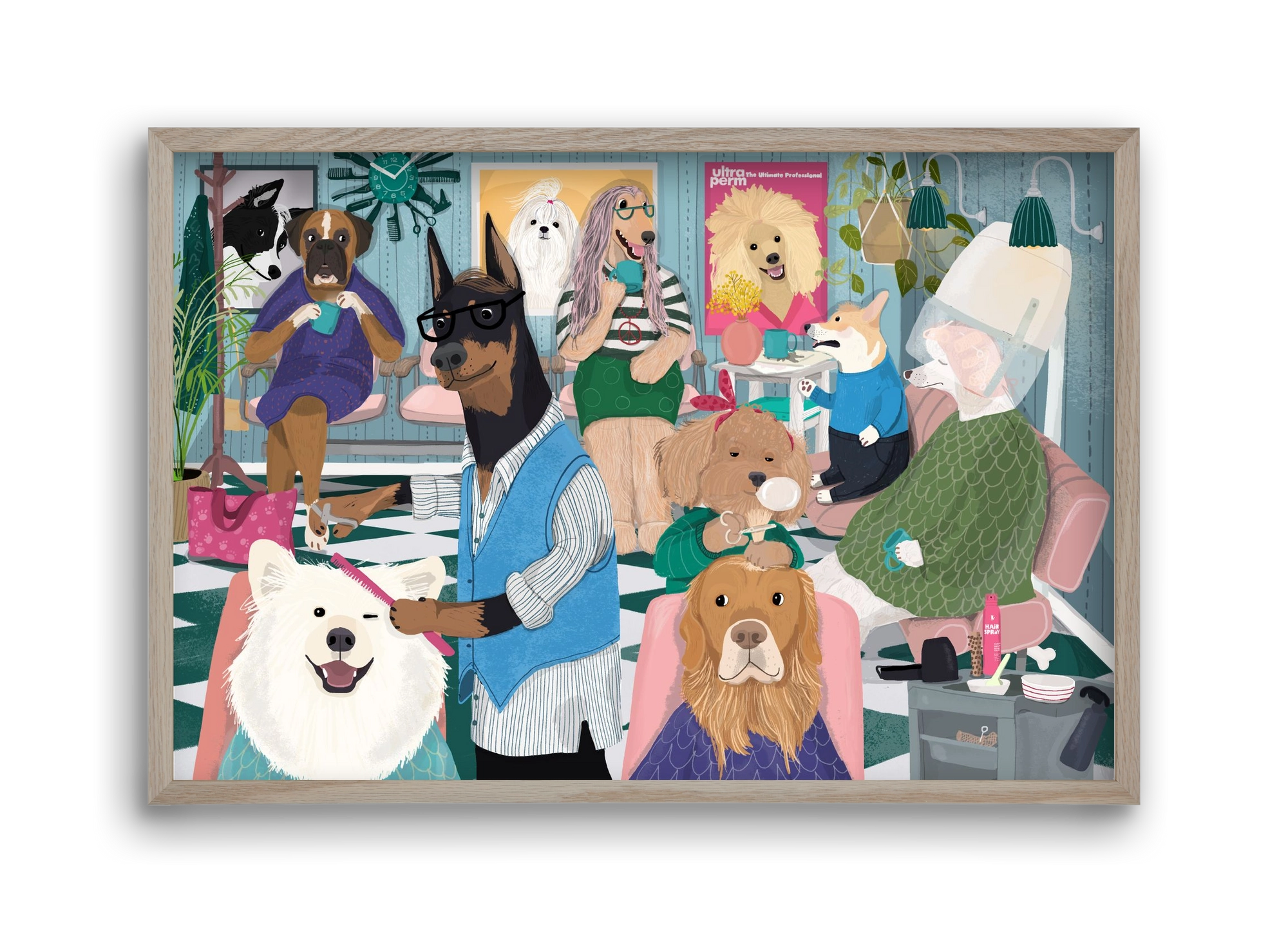 Dogs at the hairdresser, 45x30 cm (45x30 cm), Tölgy keret