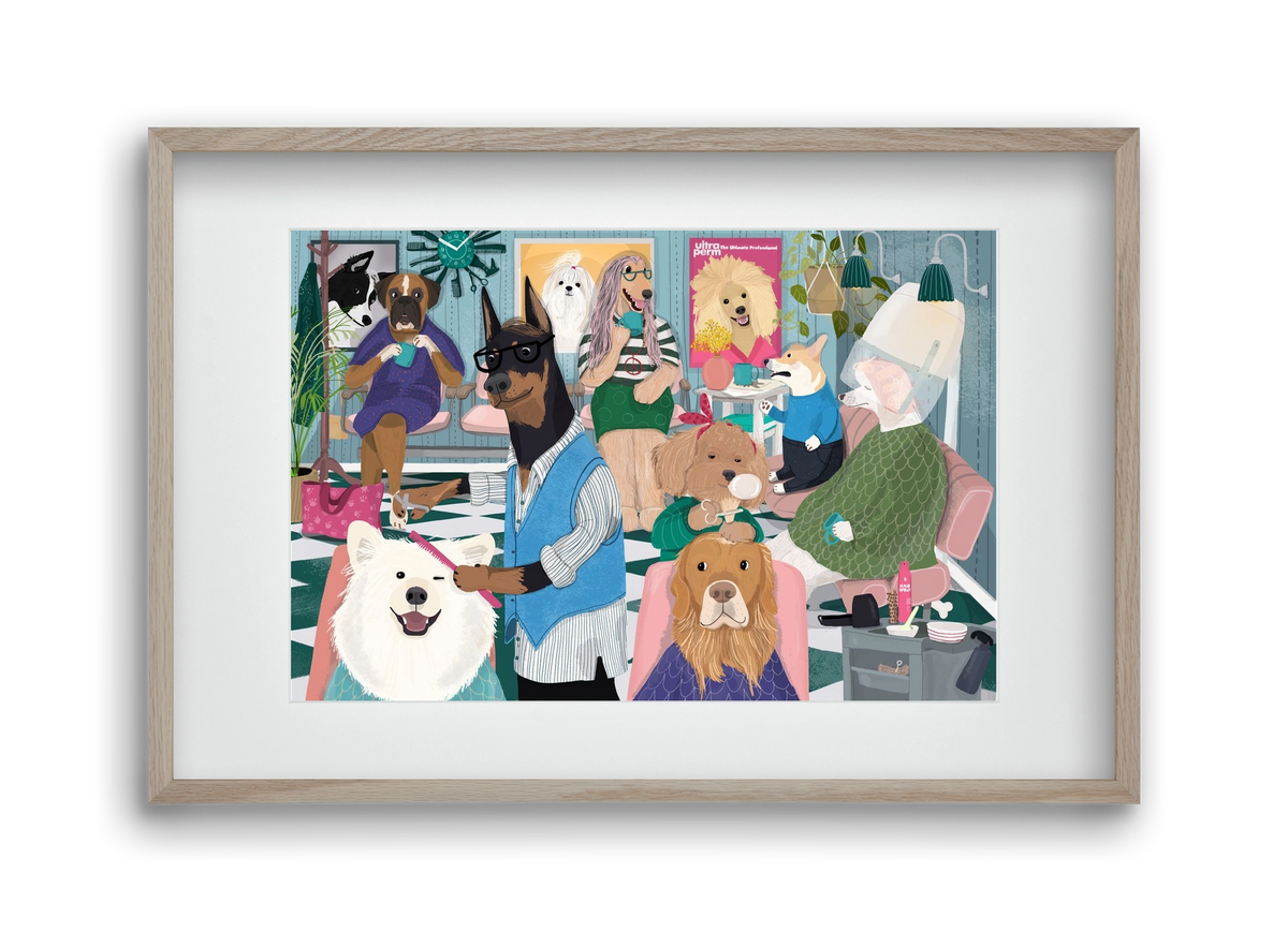 Dogs at the hairdresser, 45x30 cm (30x20 cm), Tölgy keret, paszpartuval