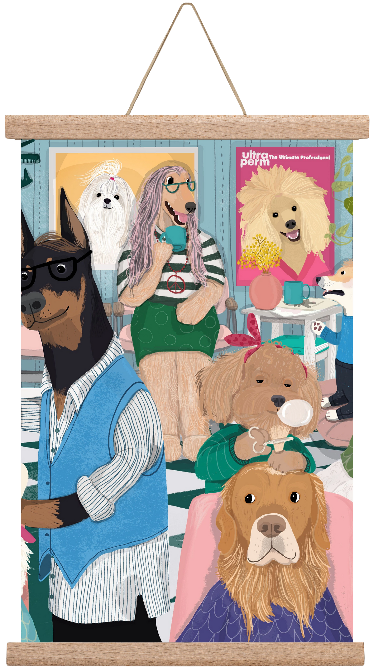Dogs at the hairdresser, 45x30 cm (45x30 cm), Tölgy akasztó