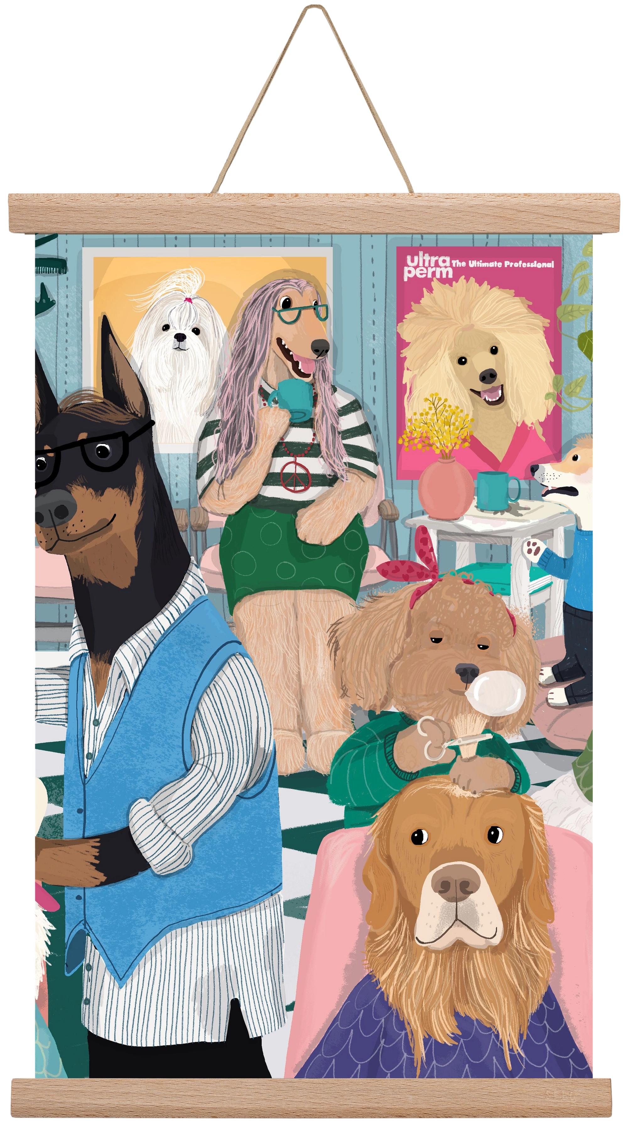 Dogs at the hairdresser, 45x30 cm (45x30 cm), Tölgy akasztó
