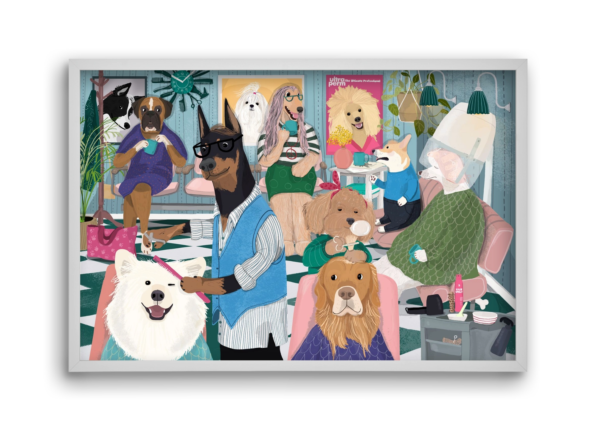 Dogs at the hairdresser, 45x30 cm (45x30 cm), Fehér keret