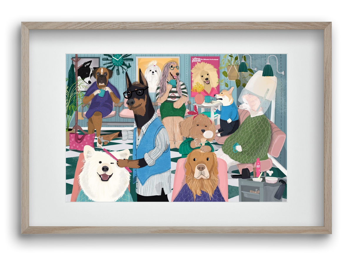 Dogs at the hairdresser, 60x40 cm (45x30 cm), Tölgy keret, paszpartuval