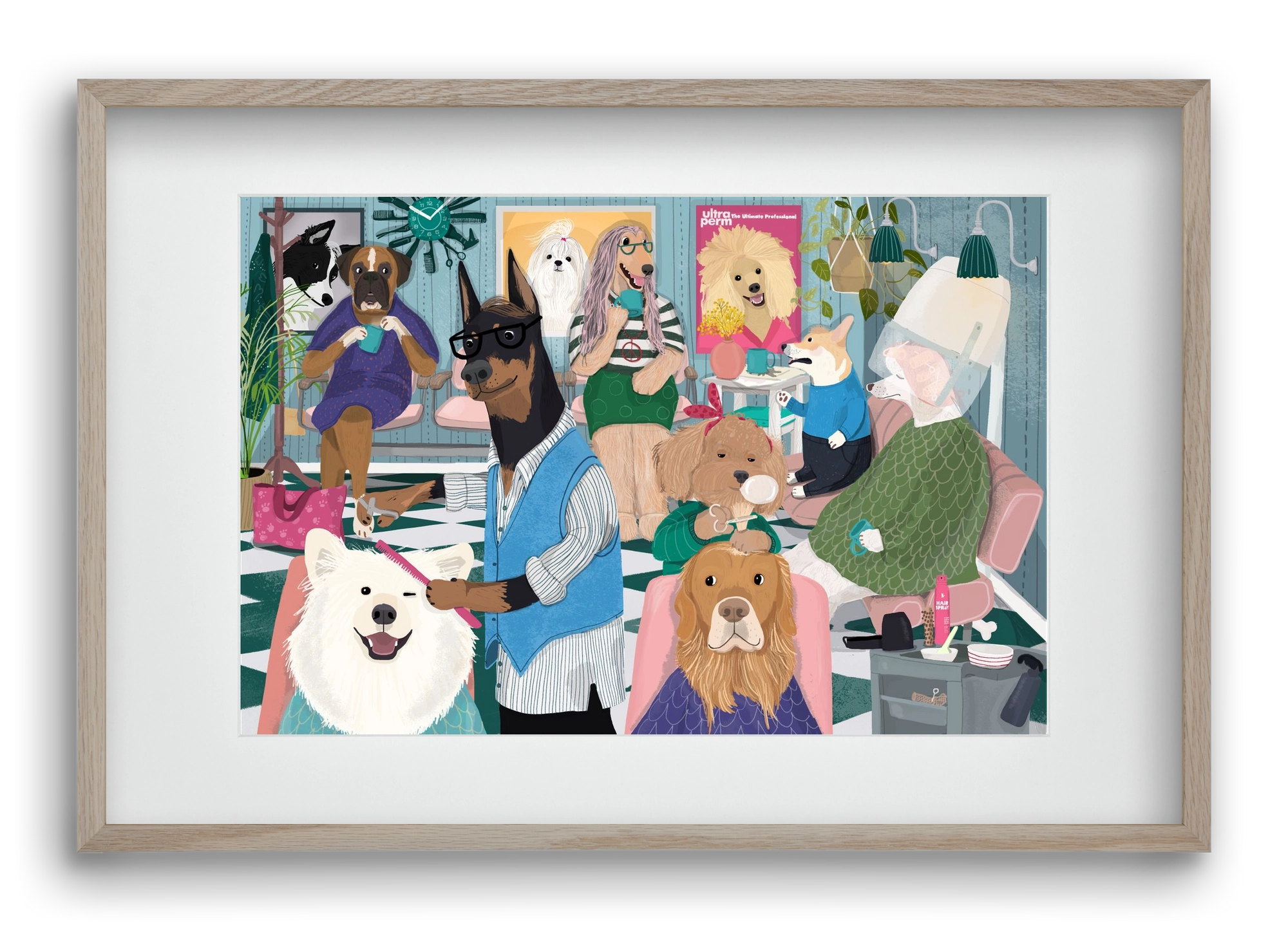 Dogs at the hairdresser, 60x40 cm (45x30 cm), Tölgy keret, paszpartuval