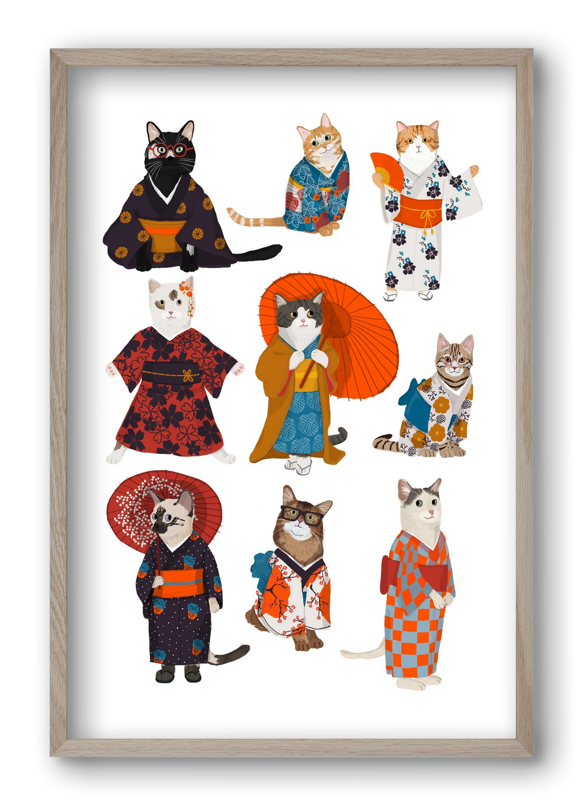 Cats in kimono, 40x60 cm (40x60 cm), Tölgy keret