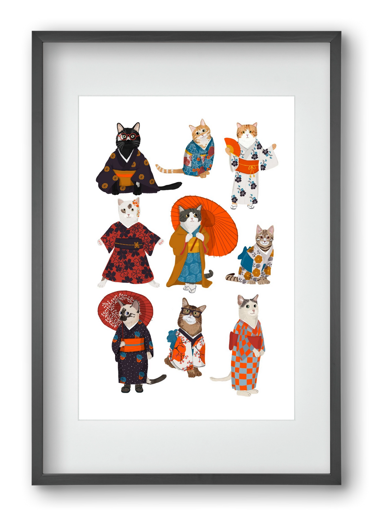 Cats in kimono, 40x60 cm (30x45 cm), Fekete keret, paszpartuval