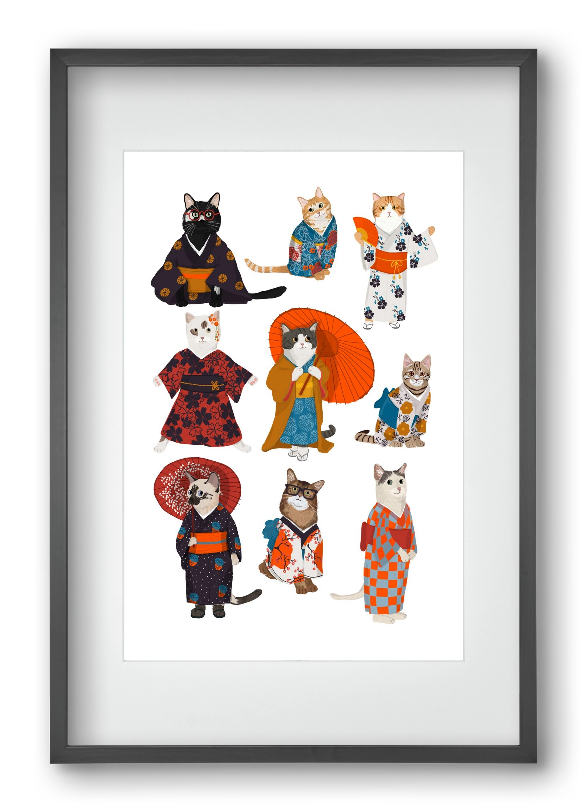 Cats in kimono, 40x60 cm (30x45 cm), Fekete keret, paszpartuval