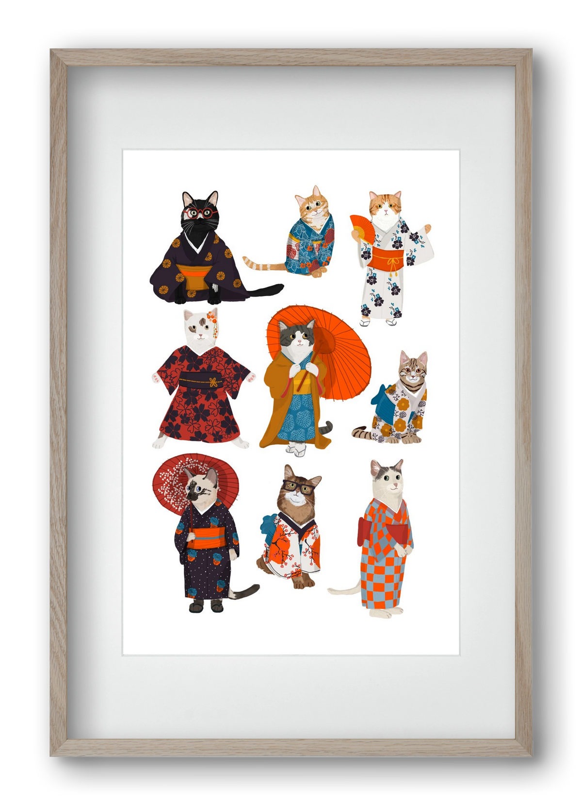 Cats in kimono, 40x60 cm (30x45 cm), Tölgy keret, paszpartuval