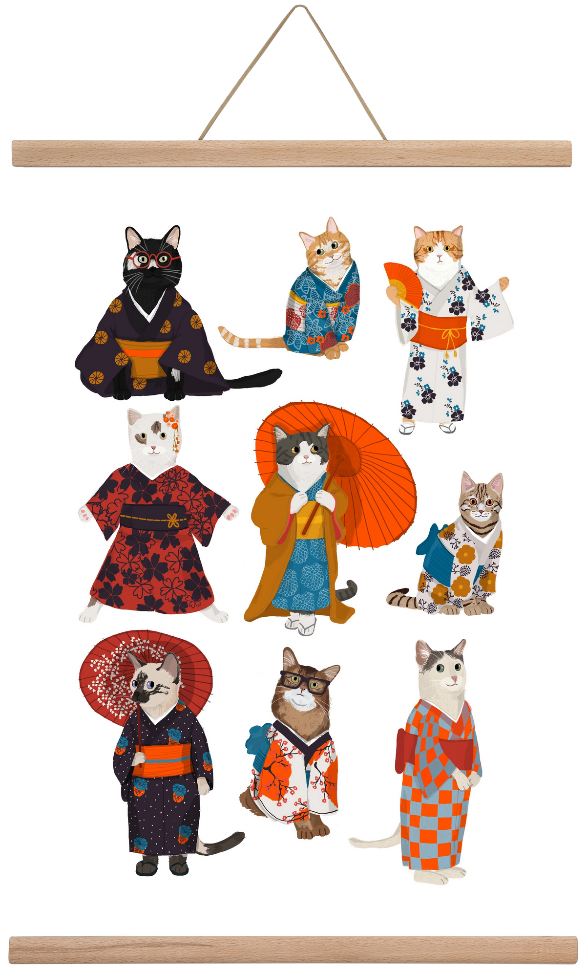 Cats in kimono, 40x60 cm (40x60 cm), Tölgy akasztó