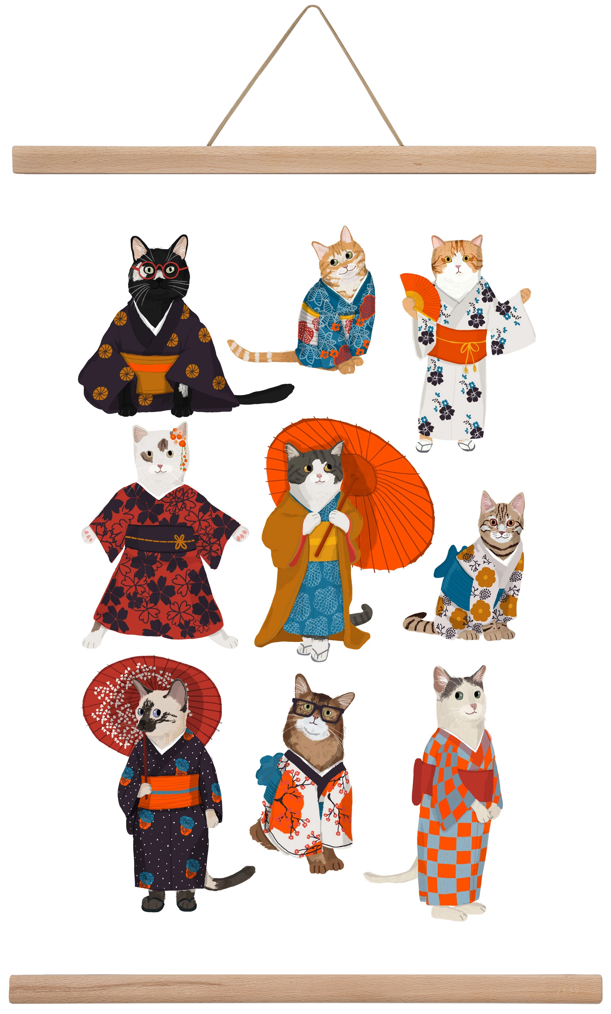 Cats in kimono, 40x60 cm (40x60 cm), Tölgy akasztó