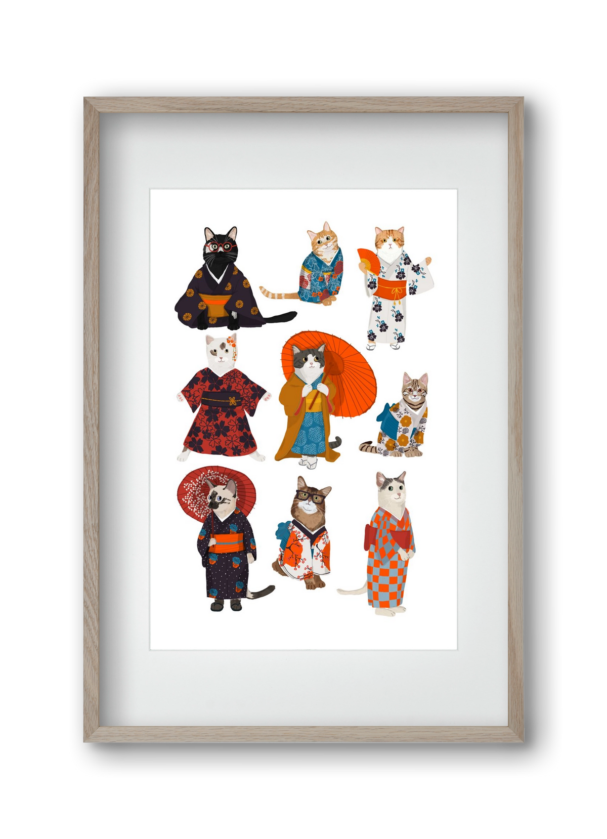Cats in kimono, 30x45 cm (20x30 cm), Tölgy keret, paszpartuval