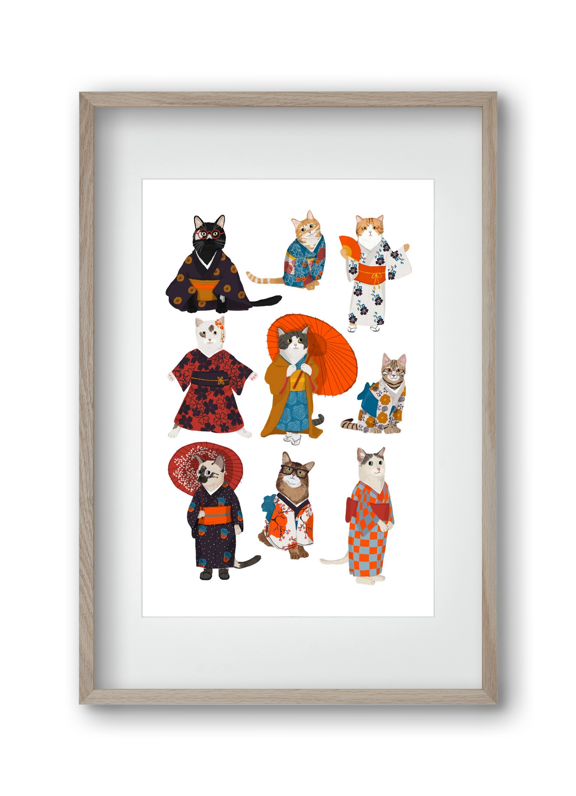 Cats in kimono, 30x45 cm (20x30 cm), Tölgy keret, paszpartuval